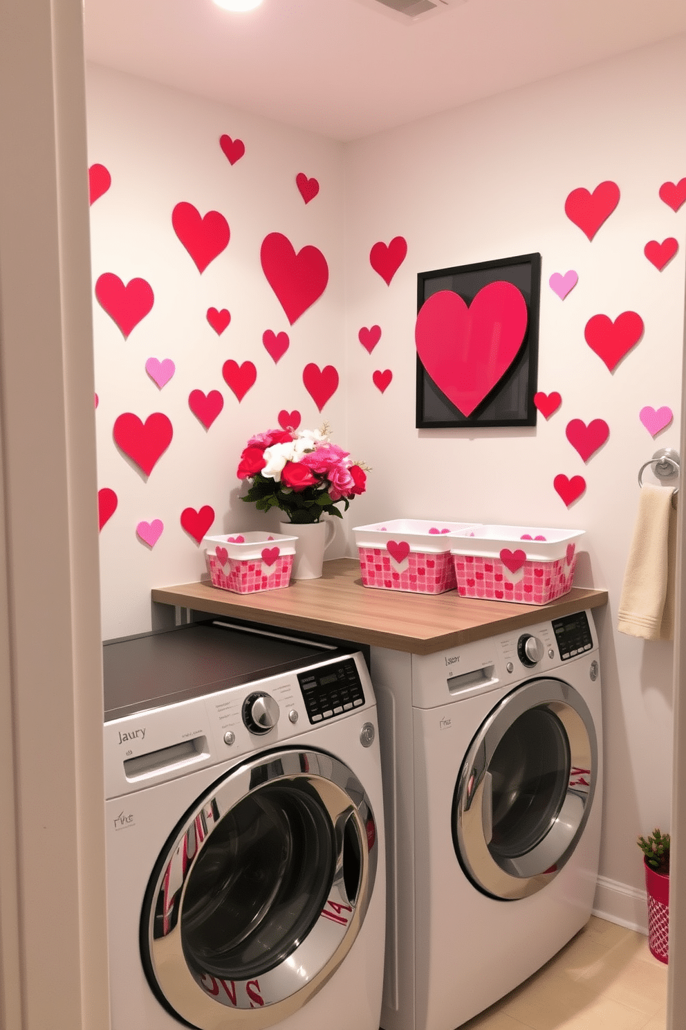 A cheerful laundry room decorated for Valentine's Day features red and pink heart decals adorning the walls, creating a festive and playful atmosphere. The space includes a modern washer and dryer, with a cozy countertop area displaying heart-themed storage baskets and a vibrant floral arrangement.