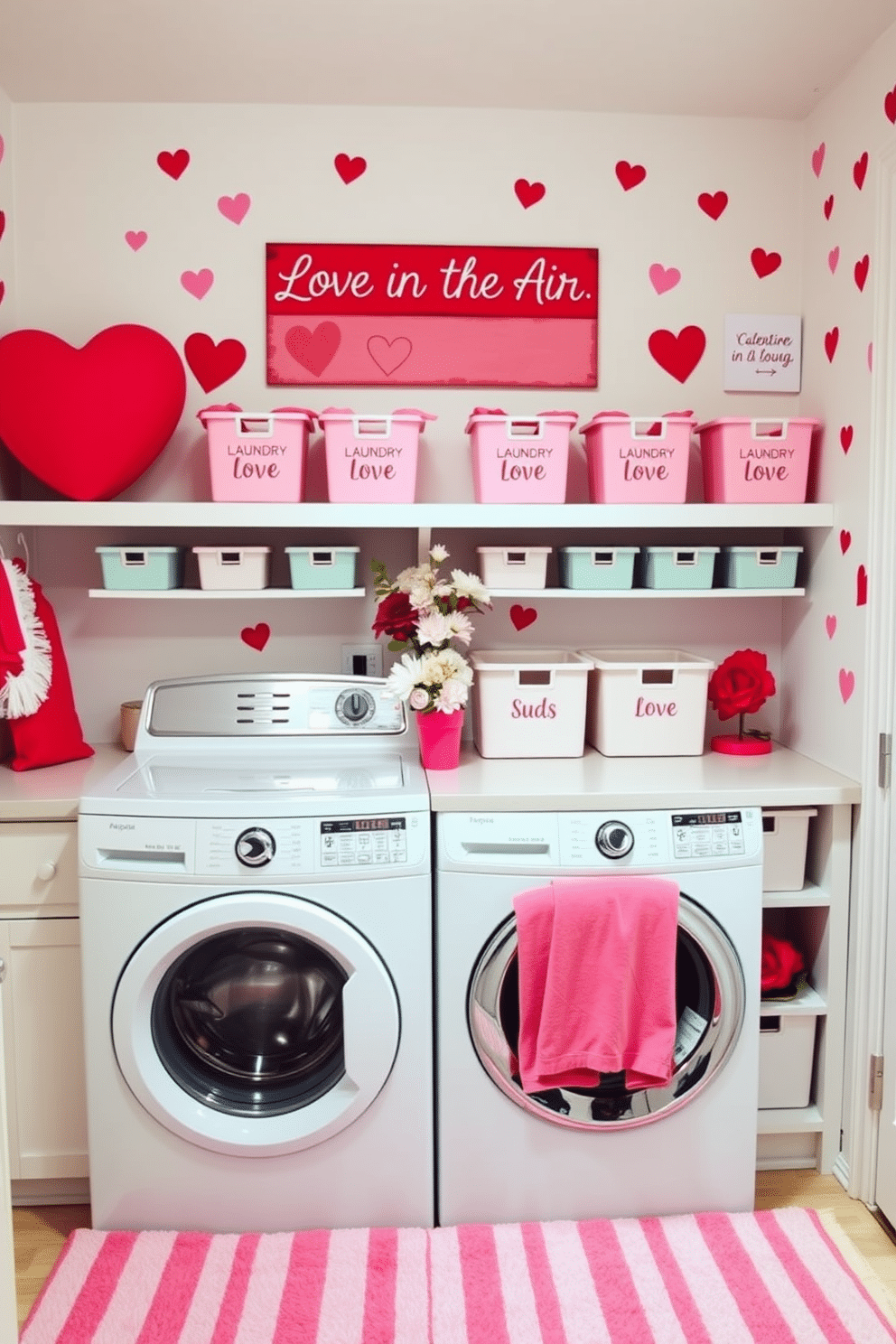 A charming laundry room adorned with Valentine's Day themed signs. The walls are decorated with playful heart motifs, and a bright red sign reads 