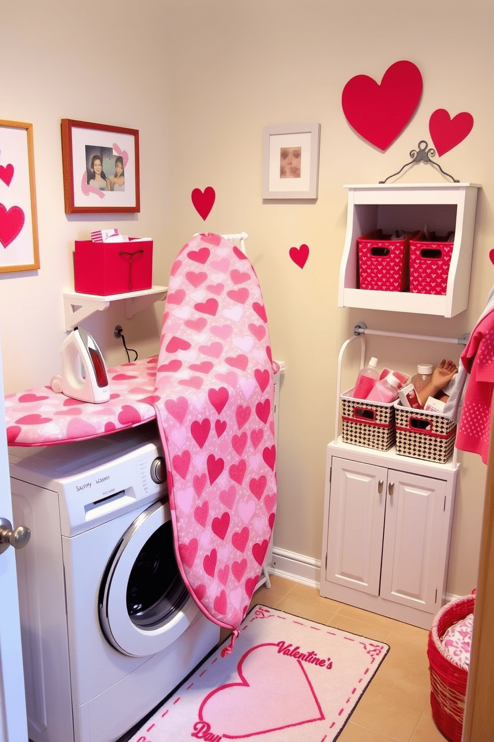 A charming laundry room is adorned with a heart-patterned ironing board cover, adding a playful touch to the space. The walls are painted in soft pastel colors, complemented by heart-themed decor elements such as wall art and decorative storage bins. A cozy corner features a small shelf filled with heart-shaped baskets, perfect for organizing laundry supplies. A cheerful rug with a Valentine's Day motif lies beneath the washing machine, enhancing the festive atmosphere.