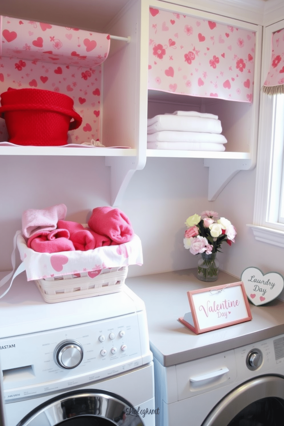 A charming laundry room adorned with Valentine's Day themed shelf liners. The shelves are lined with pastel-colored liners featuring hearts and floral patterns, creating a cheerful atmosphere. On the countertop, a decorative basket filled with red and pink towels adds a pop of color. A small vase with fresh flowers and a heart-shaped sign complete the festive look, making laundry day feel special.