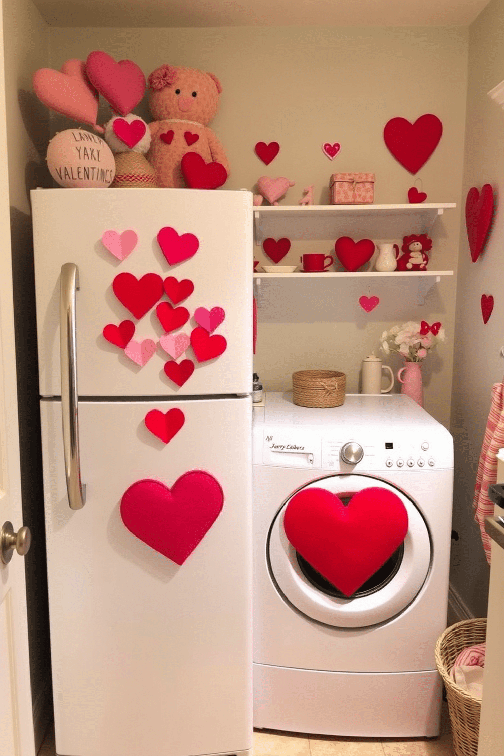 A charming laundry room adorned with heart-shaped magnets on the refrigerator and washer, adding a playful touch to the space. The walls are painted in a soft pastel hue, while decorative hearts and Valentine-themed accents create a warm and inviting atmosphere.