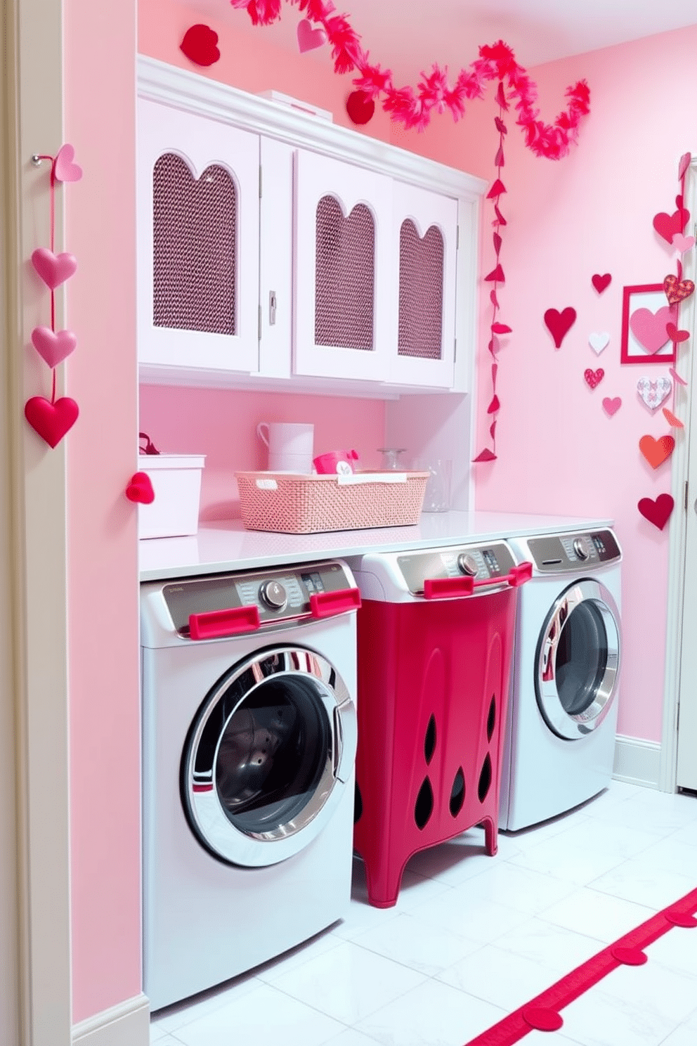 A cheerful laundry room adorned with pink and red laundry hampers, creating a vibrant and festive atmosphere for Valentine's Day. The walls are painted in a soft pastel hue, while heart-themed wall art and garlands add a playful touch to the space.