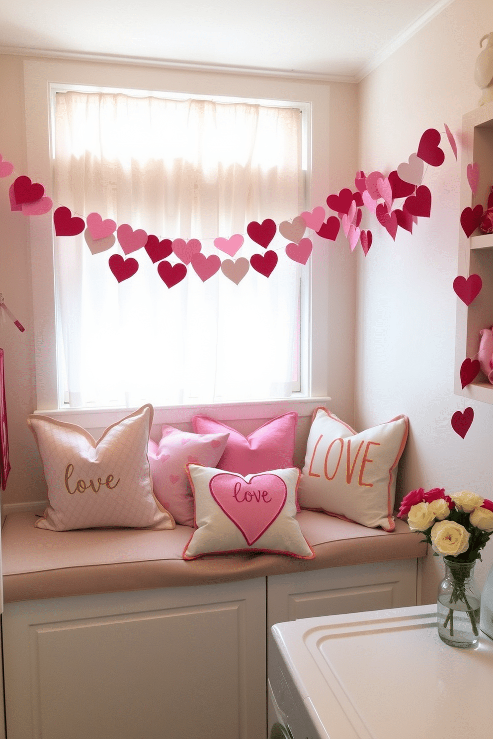 Love-themed throw pillows in a cozy laundry room setting. The pillows feature various heart patterns and soft pastel colors, arranged on a comfortable bench beneath a window with sheer curtains. Incorporate Valentine's Day decorations, such as garlands made of paper hearts draped across the shelves. A small vase of fresh flowers sits on the countertop, adding a cheerful touch to the space.