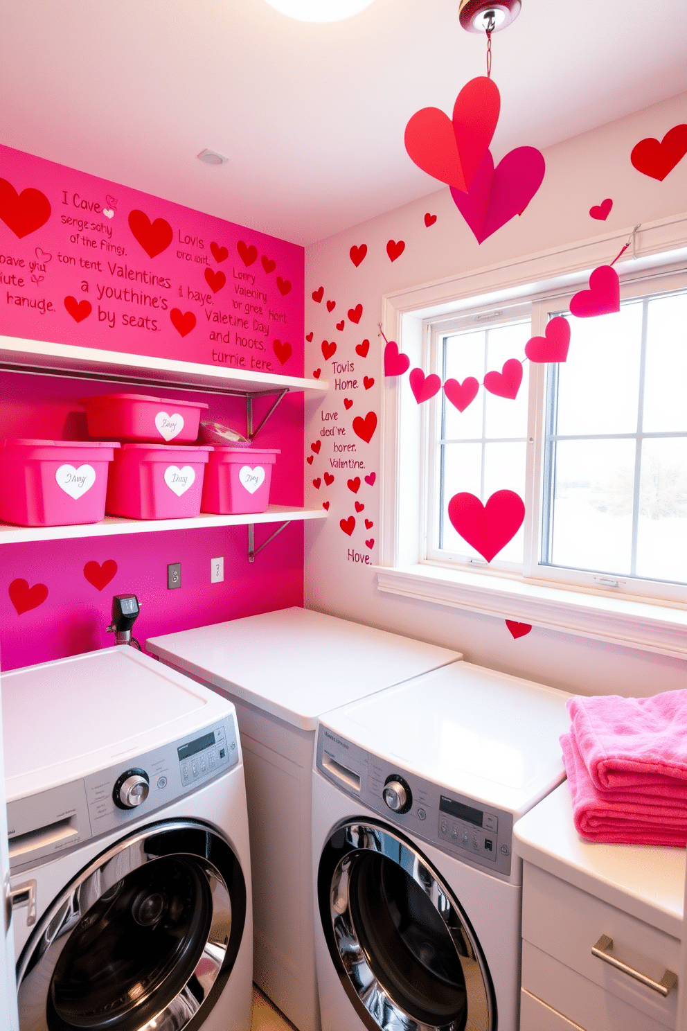 A cheerful laundry room adorned with Valentine's Day themed wall decals. The walls are decorated with playful hearts and romantic quotes in vibrant red and pink hues, creating a festive atmosphere. Brightly colored storage bins are neatly arranged on the shelves, each labeled with heart motifs. A charming garland of paper hearts hangs above the window, complemented by soft, pastel-colored towels neatly folded on the countertop.