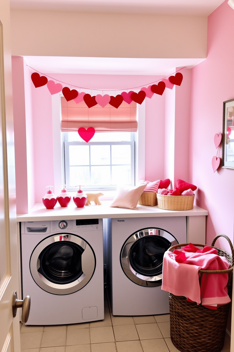 A charming laundry room decorated for Valentine's Day features heart-shaped soap dispensers on a bright white countertop. The walls are adorned with pastel pink and red accents, and a cheerful garland of paper hearts hangs above the washing machine. Beneath the window, a cozy bench with plush cushions invites relaxation while doing laundry. A decorative basket filled with red and pink towels adds a pop of color, completing the festive atmosphere.