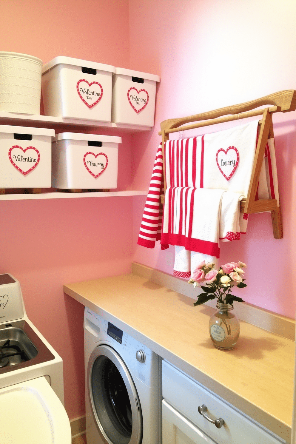 A charming laundry room adorned with Valentine's Day themed labels. The walls are painted in soft pastel pink, and heart-shaped labels with playful fonts are neatly affixed to various storage bins. A cozy nook features a vintage wooden drying rack decorated with red and white striped towels. A small bouquet of fresh flowers in a heart-shaped vase sits on the countertop, adding a touch of romance to the space.