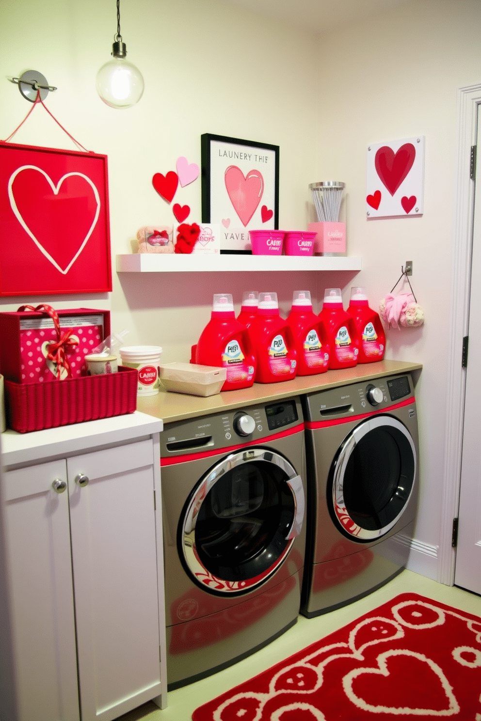 A vibrant laundry room decorated for Valentine's Day features red and pink laundry detergent containers neatly arranged on a stylish shelf. Heart-themed decor, such as wall art and a cheerful rug, adds a festive touch, while soft lighting creates a warm and inviting atmosphere.