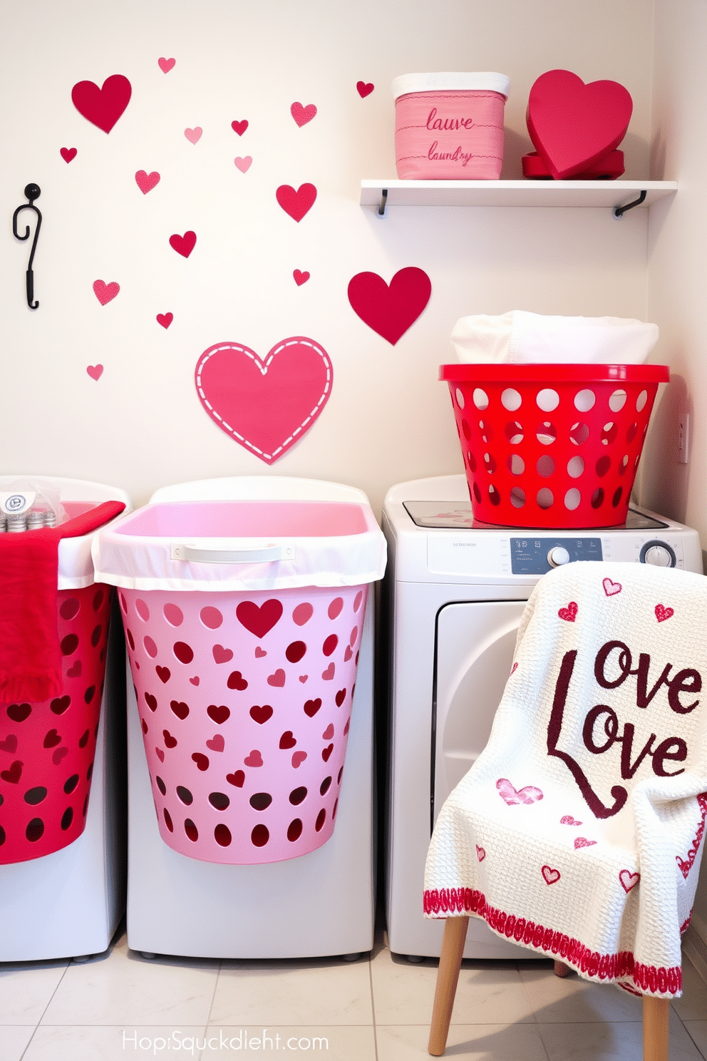 A charming laundry room decorated for Valentine's Day features two heart-shaped laundry baskets, one in soft pink and the other in vibrant red, placed side by side. The walls are adorned with whimsical heart-themed decals, and a cozy throw blanket with a love motif drapes over a nearby chair.