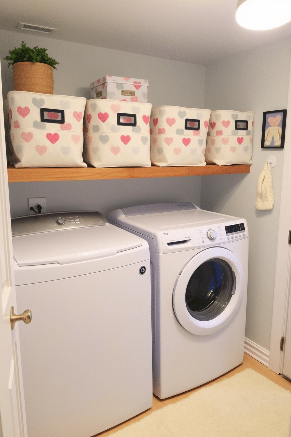 A cheerful laundry room adorned with heart-patterned fabric bins that add a playful touch to the space. The bins are neatly arranged on a wooden shelf, complemented by soft pastel colors on the walls and a cozy rug beneath the washer and dryer.