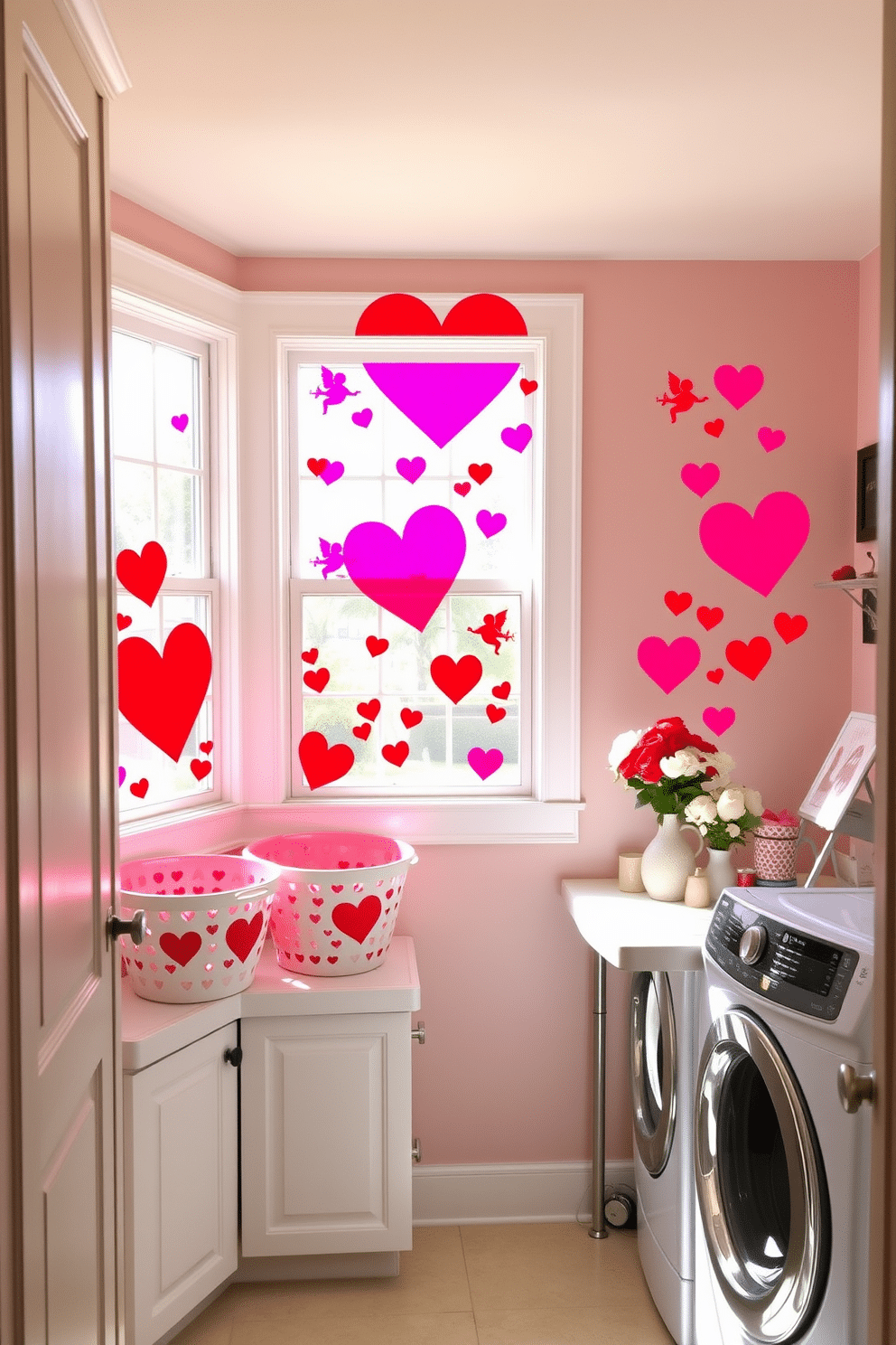 A charming laundry room adorned with Valentine's Day themed window clings, featuring hearts and cupids in vibrant reds and pinks. The space is brightened by natural light streaming through the window, enhancing the festive decorations. The walls are painted in a soft pastel color, complemented by white cabinetry that provides ample storage. A cheerful display of heart-shaped laundry baskets sits in the corner, while a small table is set up with a vase of fresh flowers and a few love-themed decorations.