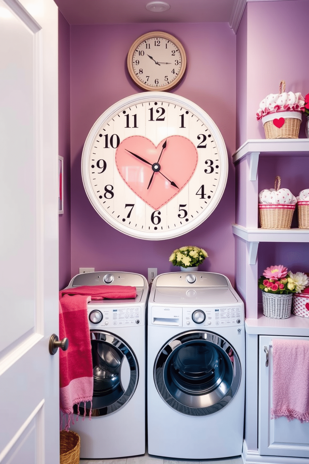 A charming laundry room adorned with a love-themed clock, featuring a heart design in soft pastel colors. The walls are painted in a light lavender hue, creating a warm and inviting atmosphere, while decorative shelves display Valentine’s Day-themed decor, such as heart-shaped baskets and floral arrangements.