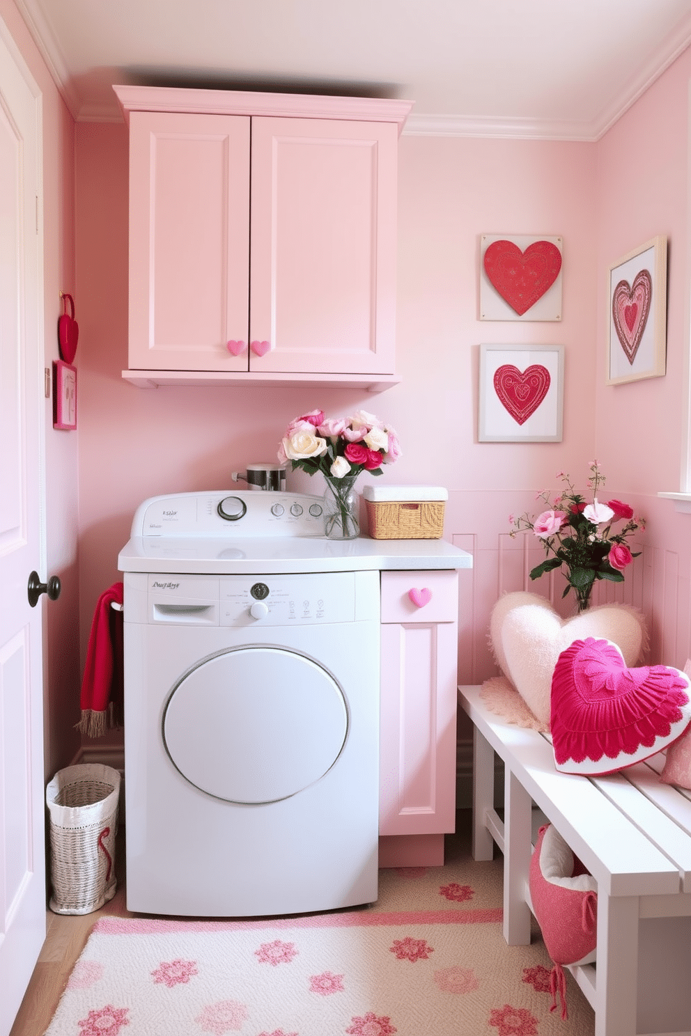 A charming laundry room adorned with heart-shaped drawer pulls that add a whimsical touch to the cabinetry. The space features a soft color palette of pastel pinks and whites, creating a warm and inviting atmosphere perfect for Valentine's Day. Decorative elements include heart-themed wall art and a cozy rug that enhances the room's charm. Fresh flowers in a vase and playful accents, like heart-shaped cushions on a bench, complete the festive look.