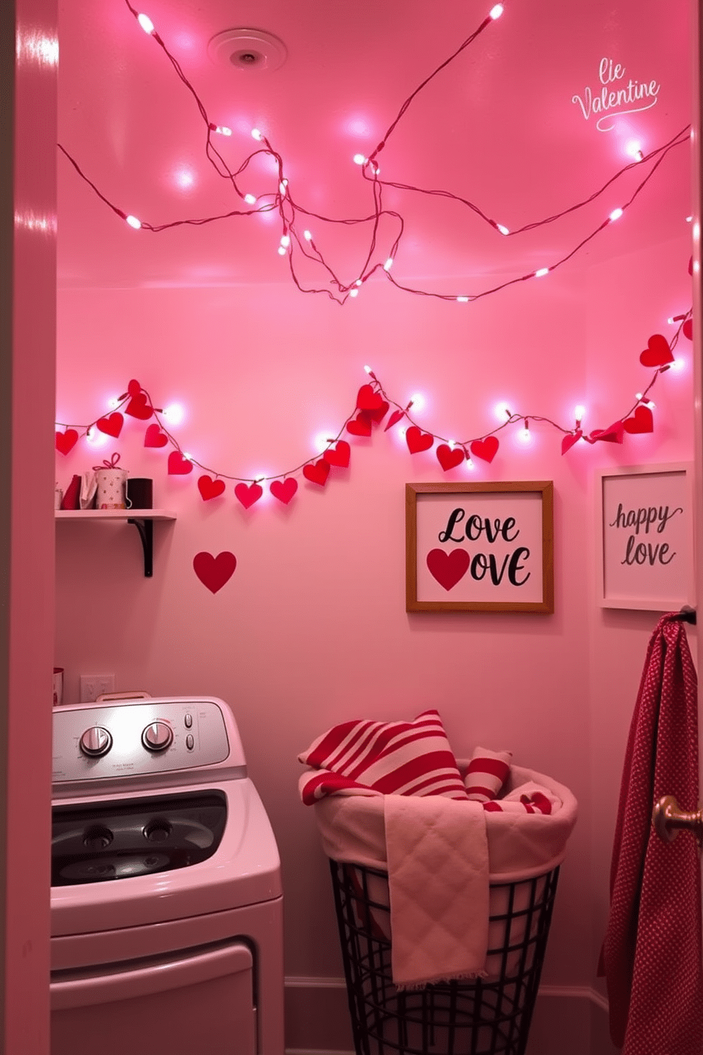 A cozy laundry room adorned with Valentine's Day themed lighting. Soft pink and red string lights are draped across the ceiling, creating a warm, inviting glow. The walls are decorated with heart-shaped garlands and cheerful wall art that celebrates love. A stylish laundry basket is filled with red and white towels, adding a festive touch to the space.