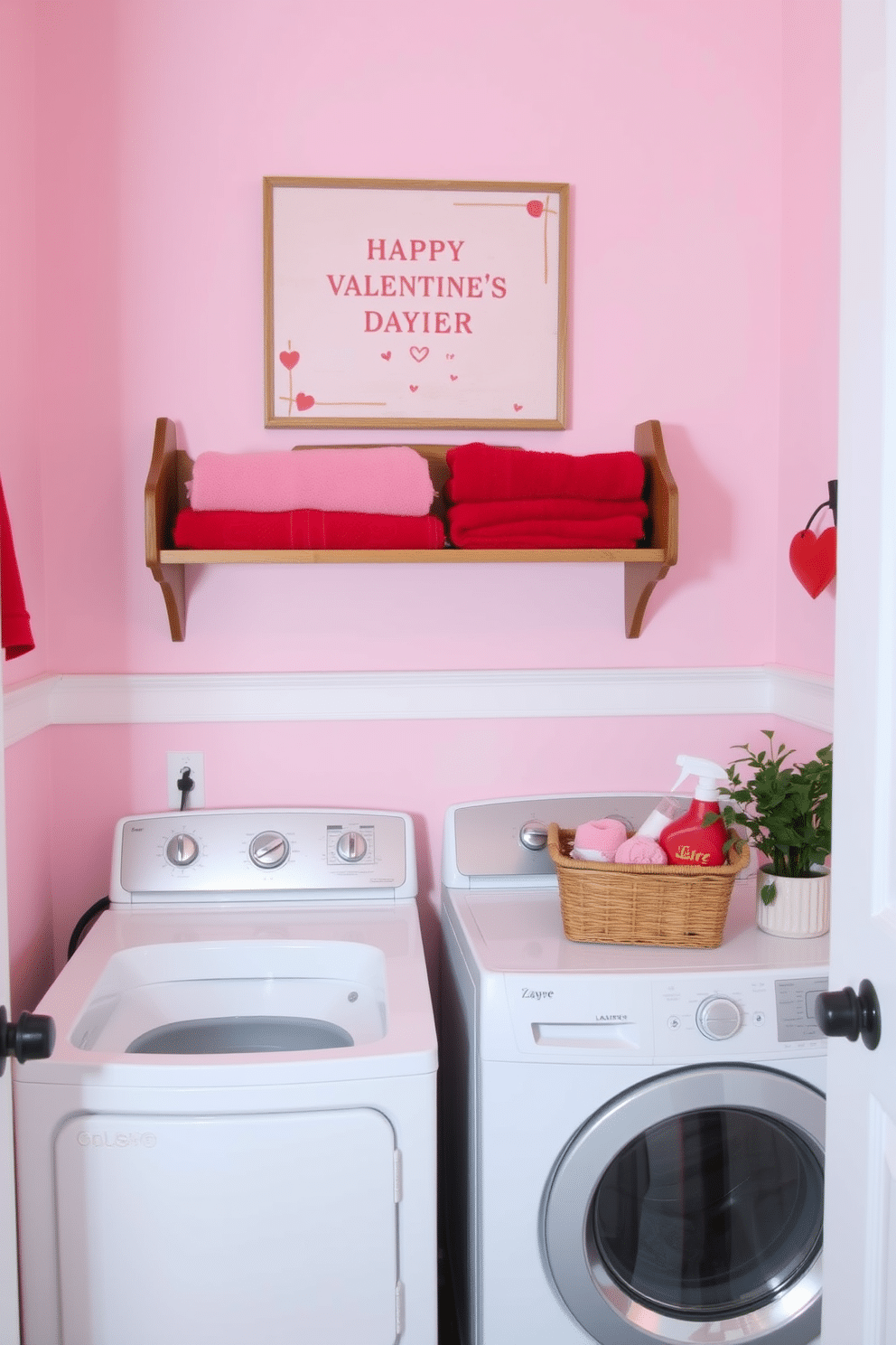 A charming laundry room adorned with pink and red towels that celebrate Valentine's Day. The walls are painted a soft pastel pink, and a cheerful heart-themed artwork hangs above the washer and dryer. A vintage wooden shelf displays neatly folded towels in shades of pink and red, while a decorative basket holds additional laundry supplies. A small potted plant adds a touch of greenery, enhancing the warm and inviting atmosphere of the space.