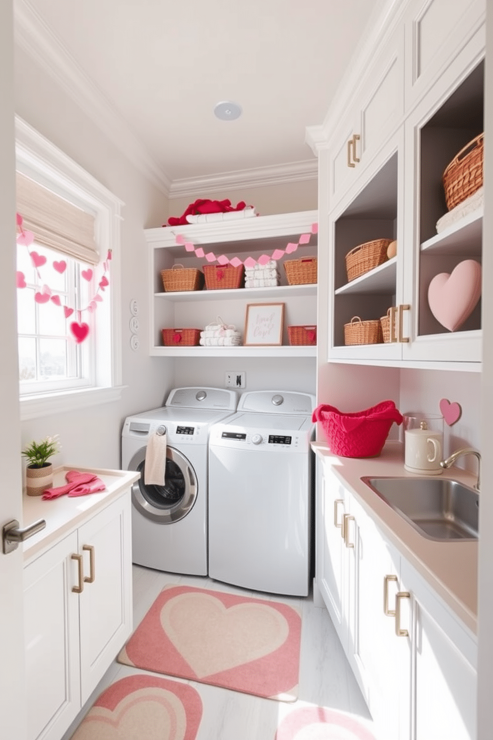 A charming laundry room adorned with heart-patterned mats that add a festive touch. The walls are painted in a soft pastel hue, complemented by white cabinetry and open shelving displaying neatly folded towels and decorative baskets. To celebrate Valentine's Day, the room features whimsical decorations like heart-shaped garlands and a cheerful wall art piece. A cozy nook with a small seating area invites relaxation, while a bright window allows natural light to flood the space, enhancing the cheerful ambiance.