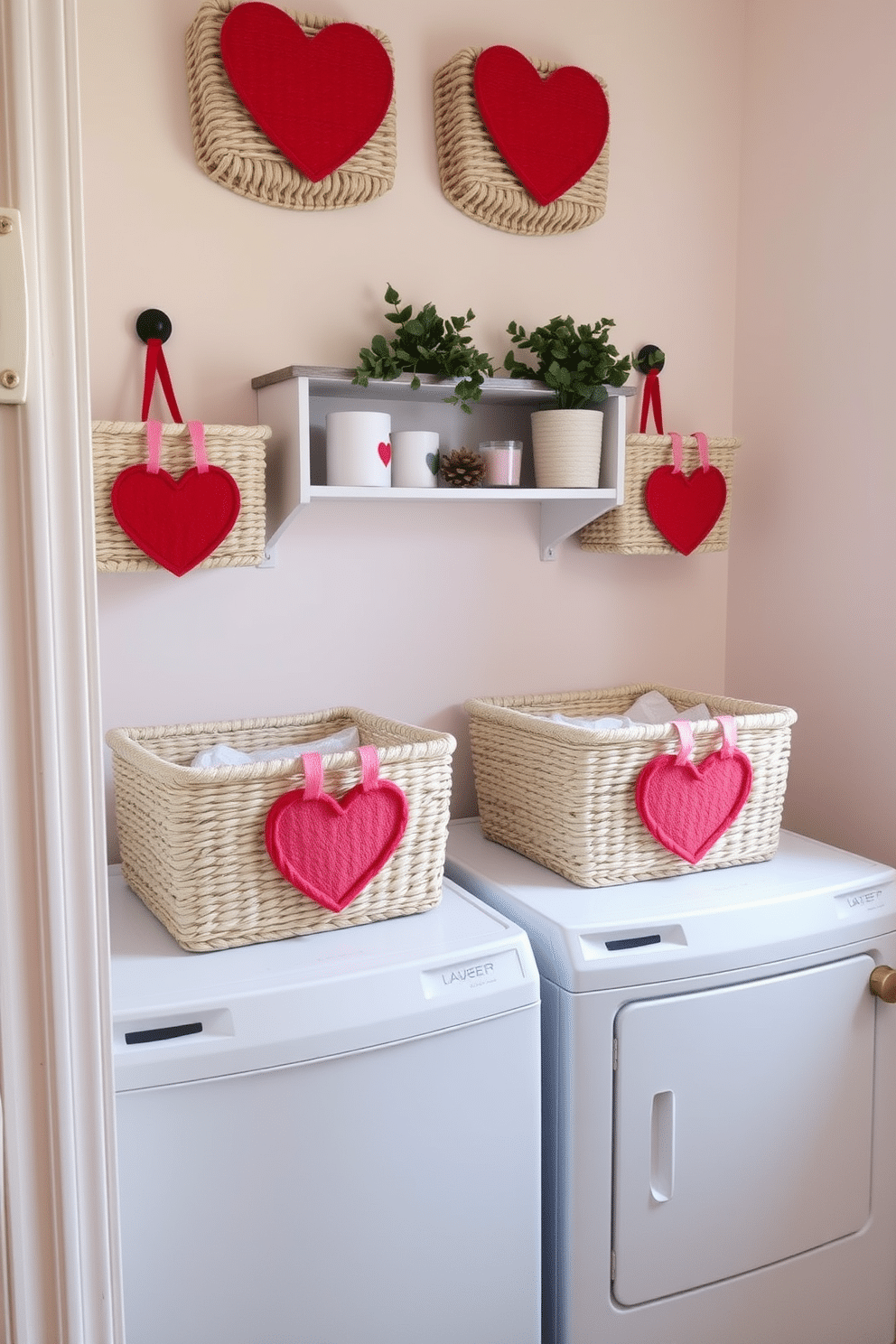 A charming laundry room adorned with Valentine's Day themed storage baskets. The baskets, crafted from woven materials, feature red and pink hearts, adding a festive touch to the space. The walls are painted in a soft pastel hue, complementing the cheerful decor. A small shelf above the washer and dryer holds decorative items like heart-shaped candles and seasonal plants, creating a cozy atmosphere.