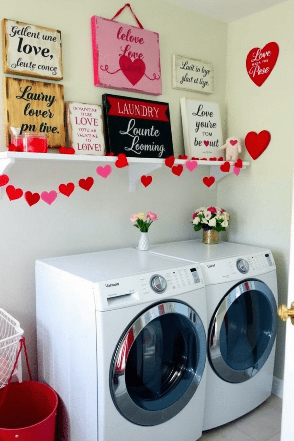 A charming laundry room adorned with love-themed signs. The walls are painted a soft pastel color, and various decorative signs featuring romantic quotes hang above the washer and dryer, creating a warm and inviting atmosphere. Valentine's Day decorations add a festive touch to the space. Heart-shaped garlands drape across the shelves, while a small vase of fresh flowers sits on the counter, enhancing the overall theme of love and affection.