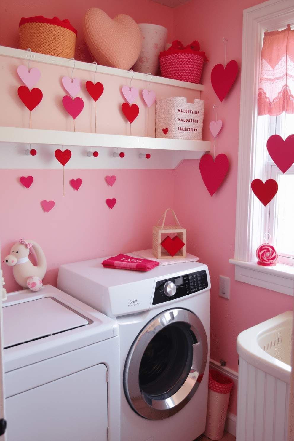 A charming laundry room adorned with heart-shaped pegs for hanging clothes, adding a whimsical touch to the space. The walls are painted in a soft pastel pink, complemented by cheerful valentine-themed decorations scattered throughout, creating a warm and inviting atmosphere.