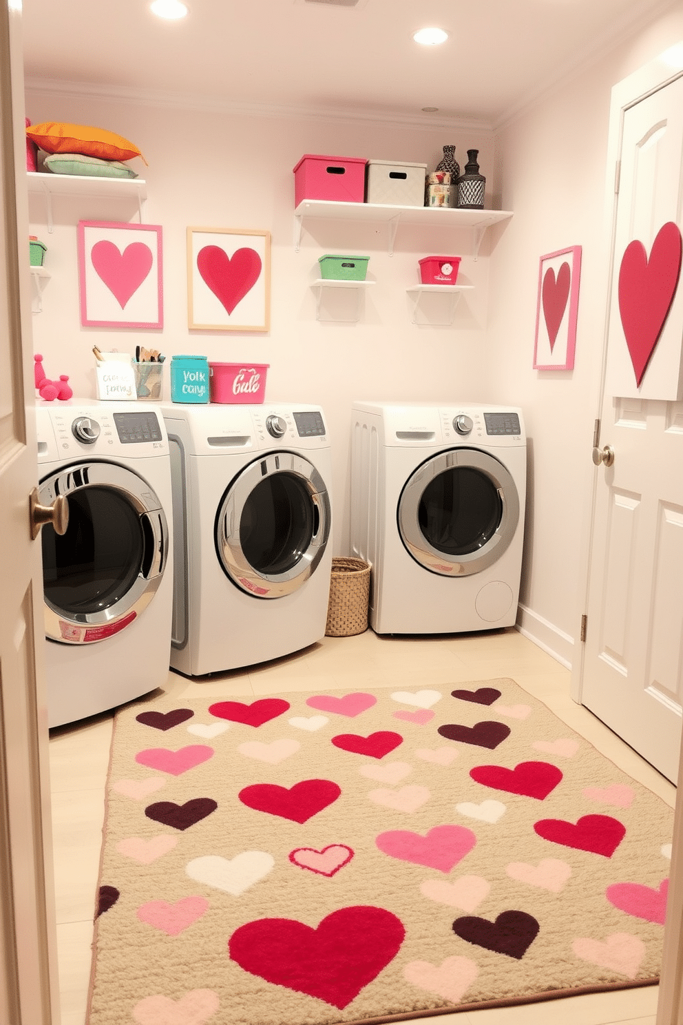 A charming laundry room featuring a heart-patterned rug that adds a playful touch to the space. The walls are painted a soft pastel color, and decorative elements include heart-themed artwork and cheerful storage bins.