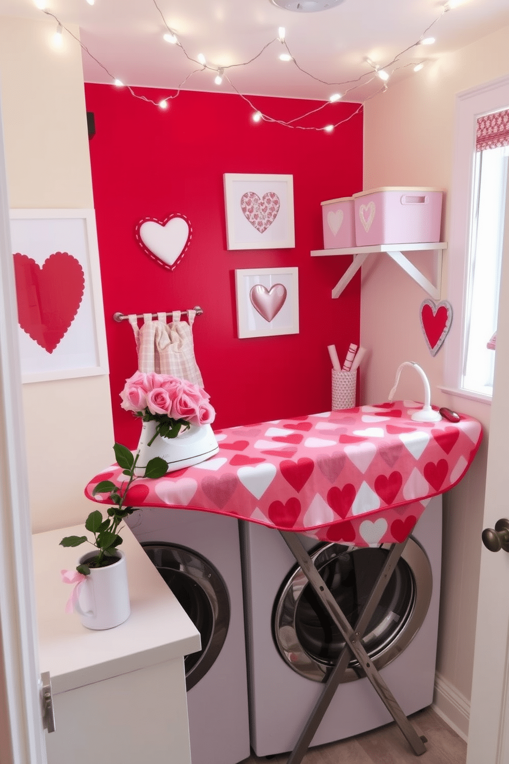 A charming laundry room decorated for Valentine's Day features a whimsical ironing board adorned with a red and pink heart-patterned cover. Surrounding the ironing board, cheerful accents like heart-shaped wall art and pastel-colored storage bins create a festive atmosphere. The walls are painted in a soft cream hue, complemented by a playful red accent wall. A bouquet of fresh pink roses sits on the countertop, adding a touch of romance to the space, while delicate fairy lights twinkle overhead for a warm glow.