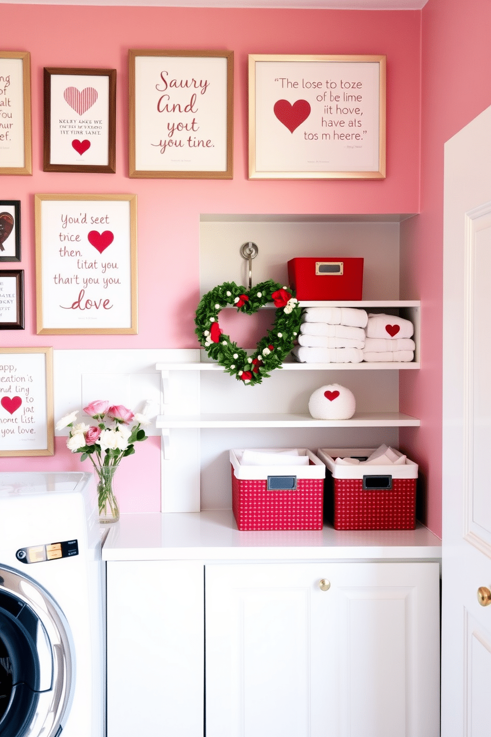 A cozy laundry room adorned with love-themed wall art. The walls are painted in a soft pastel pink, featuring framed prints of heart motifs and romantic quotes that inspire joy and affection. A functional layout with open shelving displaying neatly folded towels and decorative storage bins in shades of red and white. A charming heart-shaped wreath hangs on the door, and a small vase of fresh flowers adds a touch of warmth to the space.