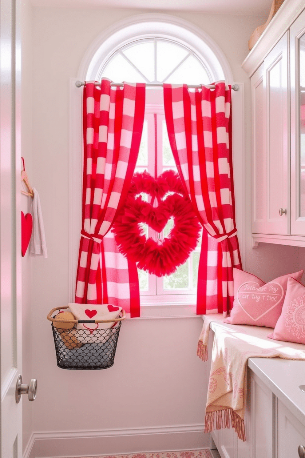 A cheerful laundry room adorned with red and white striped curtains that frame a large window, allowing natural light to flood the space. The curtains add a playful touch, complementing the bright white cabinetry and sleek countertop where a stylish laundry basket sits. For Valentine's Day, the room features heart-themed decor, including a vibrant red heart-shaped wreath hanging on the door. Soft pink accents, like a cozy throw blanket and decorative pillows, create a warm and inviting atmosphere perfect for celebrating the holiday.