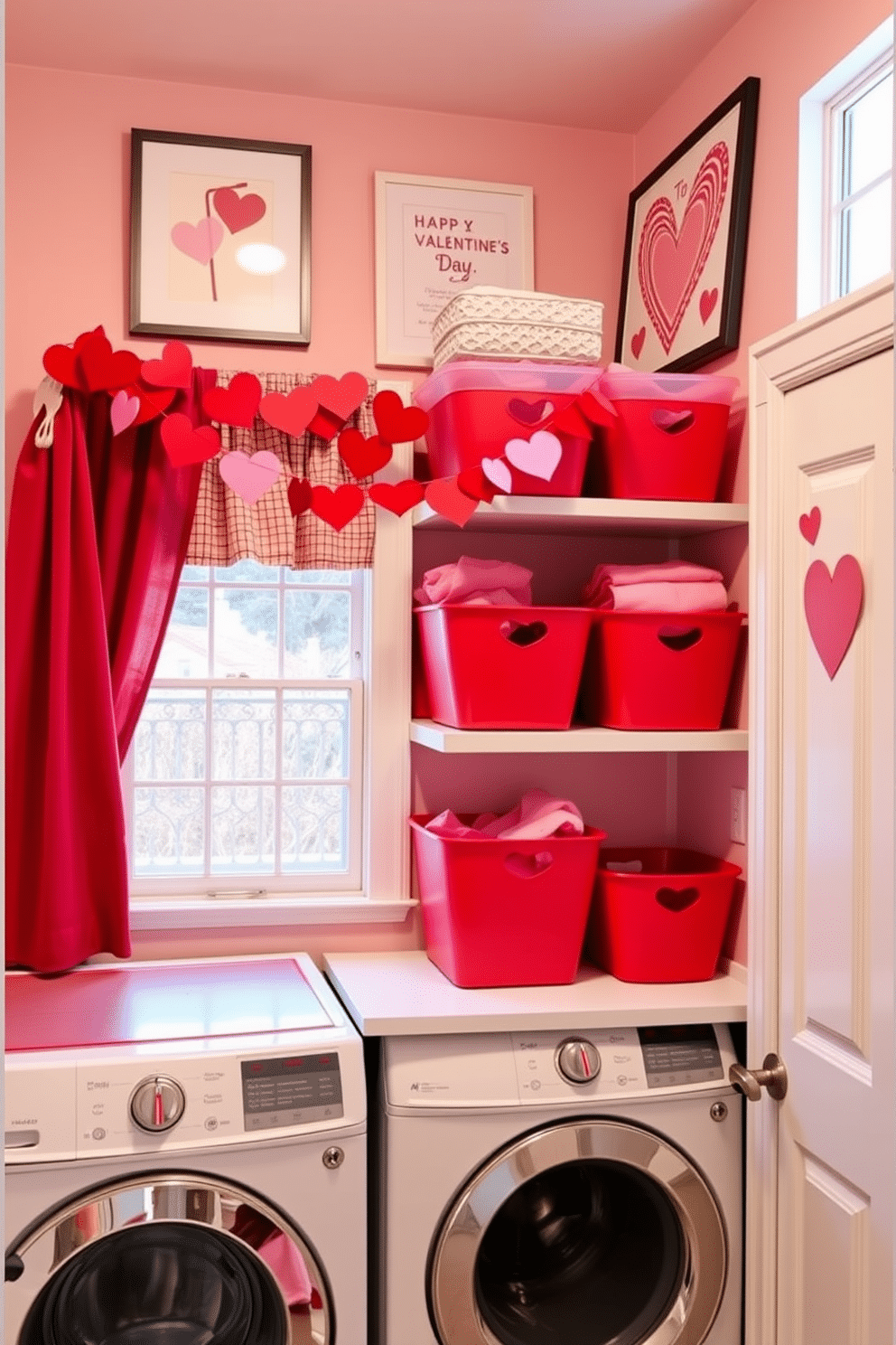 A cozy laundry room featuring heart-shaped storage bins in vibrant red and pink hues, neatly organized on open shelving. The walls are adorned with playful Valentine's Day-themed artwork, while a cheerful garland of hearts hangs above the window, adding a festive touch.