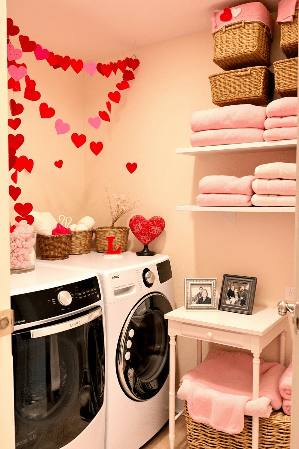 A charming laundry room adorned for Valentine's Day, featuring a vibrant garland made of red and pink hearts draped across the wall. The washing machine and dryer are complemented by decorative storage baskets filled with seasonal items, creating a warm and inviting atmosphere. A cozy corner of the laundry room showcases a small table with a heart-shaped centerpiece and a few framed photos of loved ones. Soft, pastel-colored towels are neatly arranged on shelves, adding a touch of romance to the space.