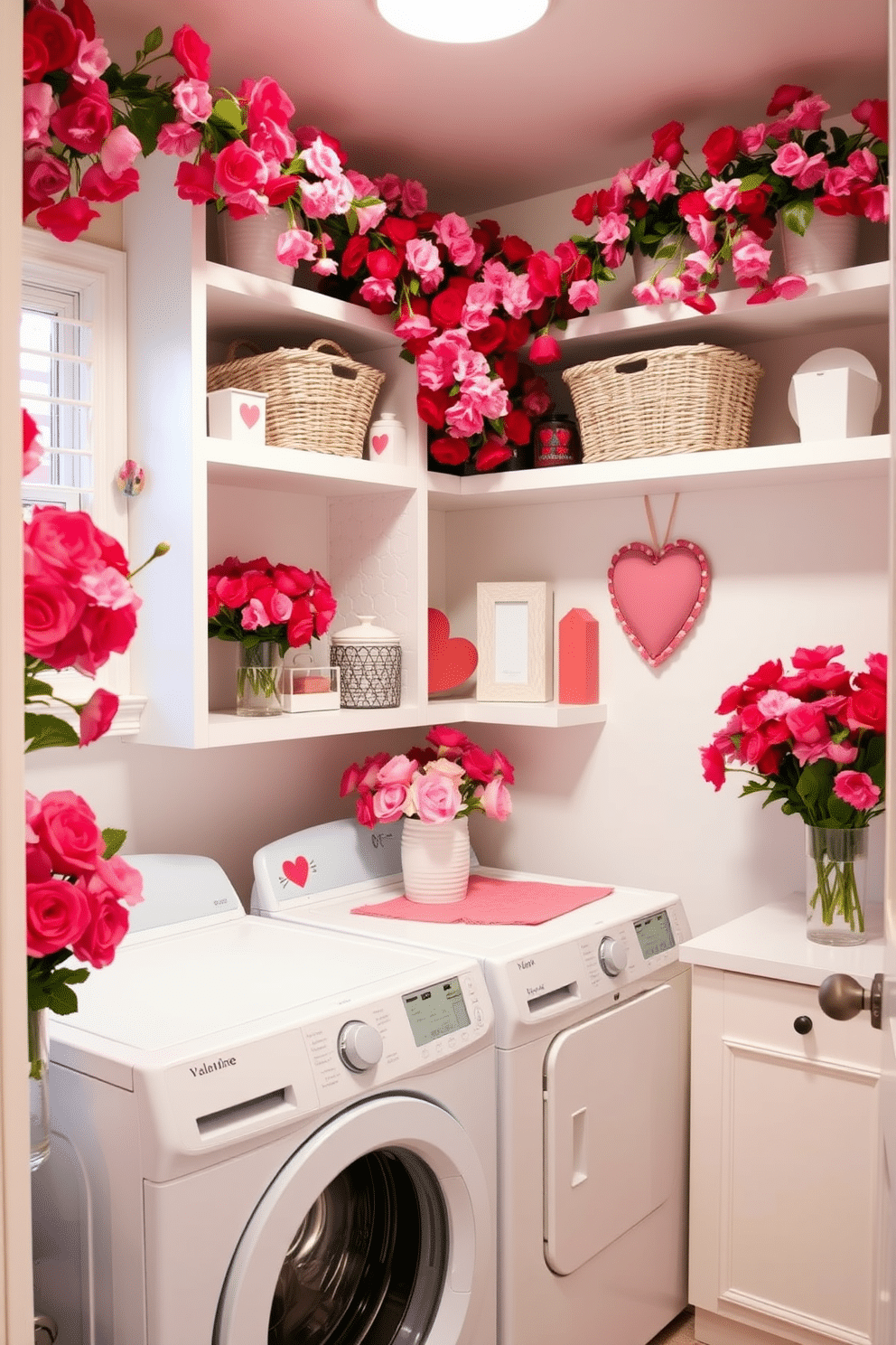 A charming laundry room adorned with pink and red floral arrangements, creating a vibrant and festive atmosphere for Valentine's Day. The space features a white washer and dryer, surrounded by open shelving displaying decorative baskets and heart-themed accents.