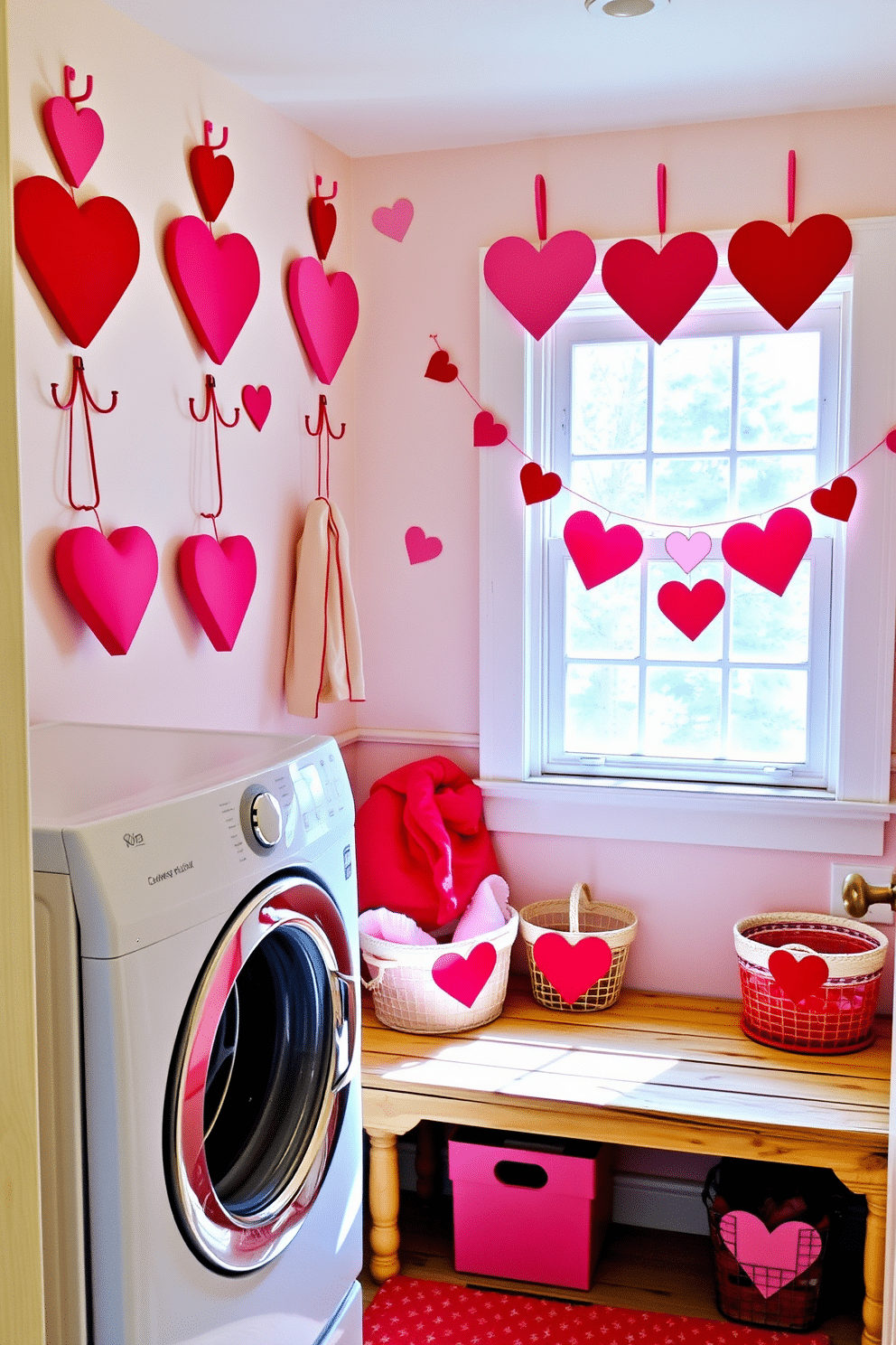 A charming laundry room adorned with heart-shaped wall hooks, each painted in a soft pastel color. The space features a bright white washer and dryer, complemented by a cheerful red and pink color scheme, creating a festive atmosphere for Valentine's Day. Beneath the hooks, a rustic wooden bench provides a cozy spot for folding clothes, while decorative baskets in heart shapes hold laundry essentials. A whimsical garland of paper hearts hangs across the window, adding a playful touch to the overall design.