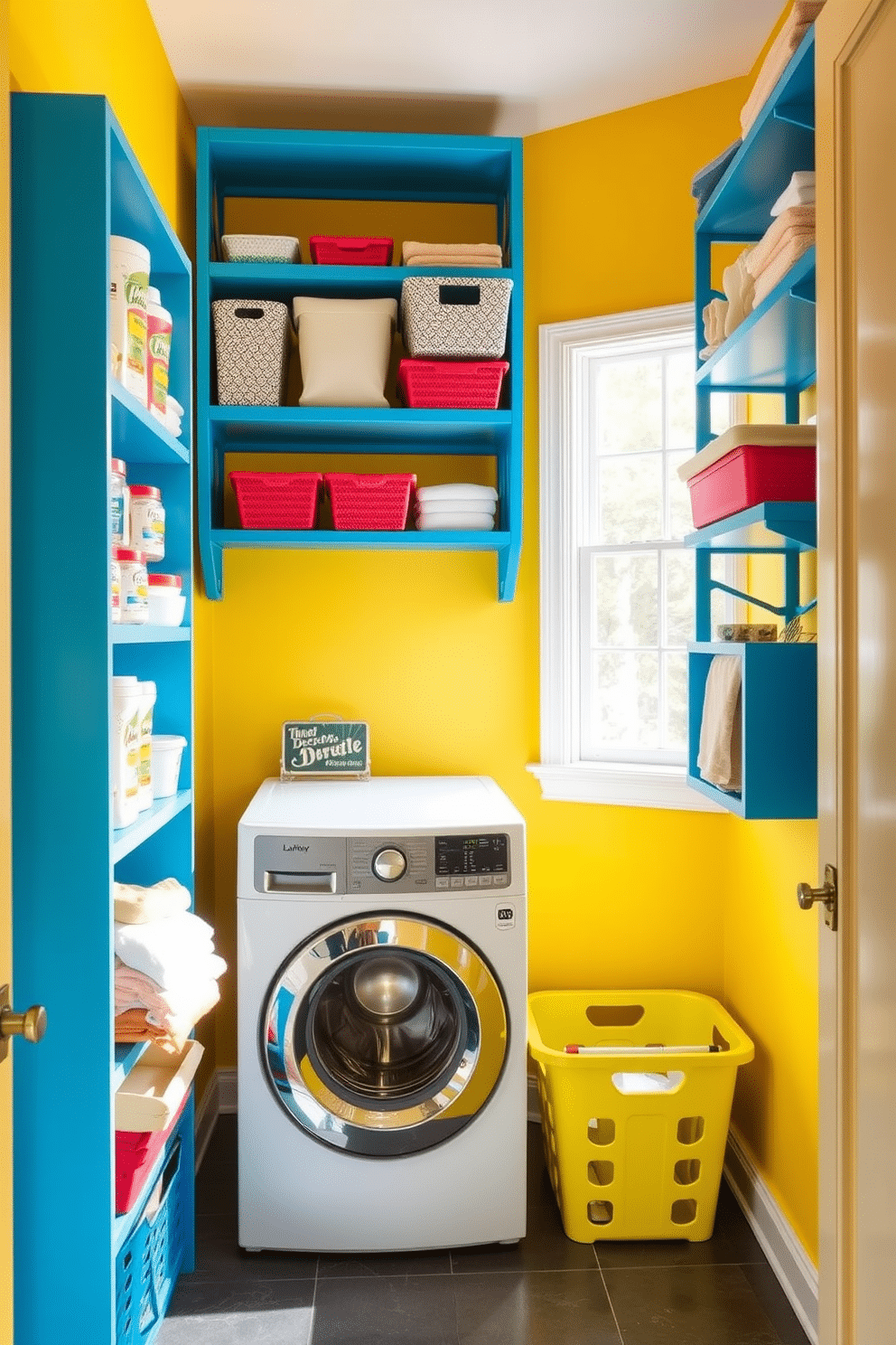 A vibrant laundry room filled with bright colors creates a cheerful ambiance. The walls are painted in a lively yellow, complemented by bold blue shelving that holds neatly organized laundry supplies. In the center, a stacked washer and dryer feature a sleek, modern design, surrounded by colorful baskets for sorting clothes. A large window allows natural light to flood the space, enhancing the bright and inviting atmosphere.