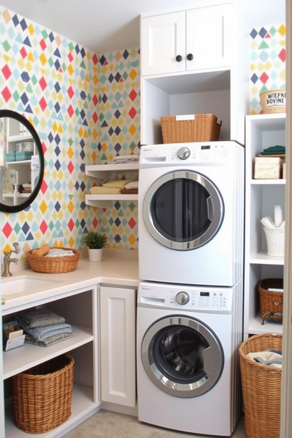 A bright and cheerful laundry room features a playful wallpaper with colorful geometric patterns that create a fun accent wall. The stacked washer and dryer are neatly arranged in a corner, surrounded by open shelving for easy access to laundry supplies. The cabinetry is a crisp white, providing a clean contrast to the vibrant wallpaper, while a stylish countertop above the appliances offers space for folding clothes. A large basket for sorting laundry sits beside the stacked units, and a small potted plant adds a touch of greenery to the space.