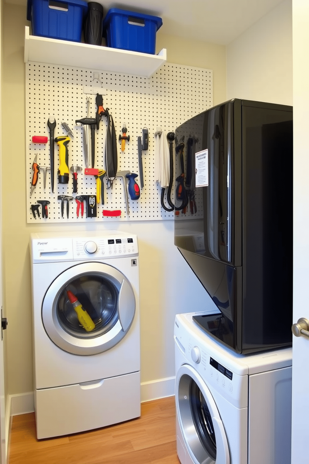 A functional laundry room features a pegboard installation on the wall, providing ample space for organizing tools and accessories. The stacked washer and dryer are seamlessly integrated into the design, maximizing floor space while maintaining a clean and modern aesthetic.