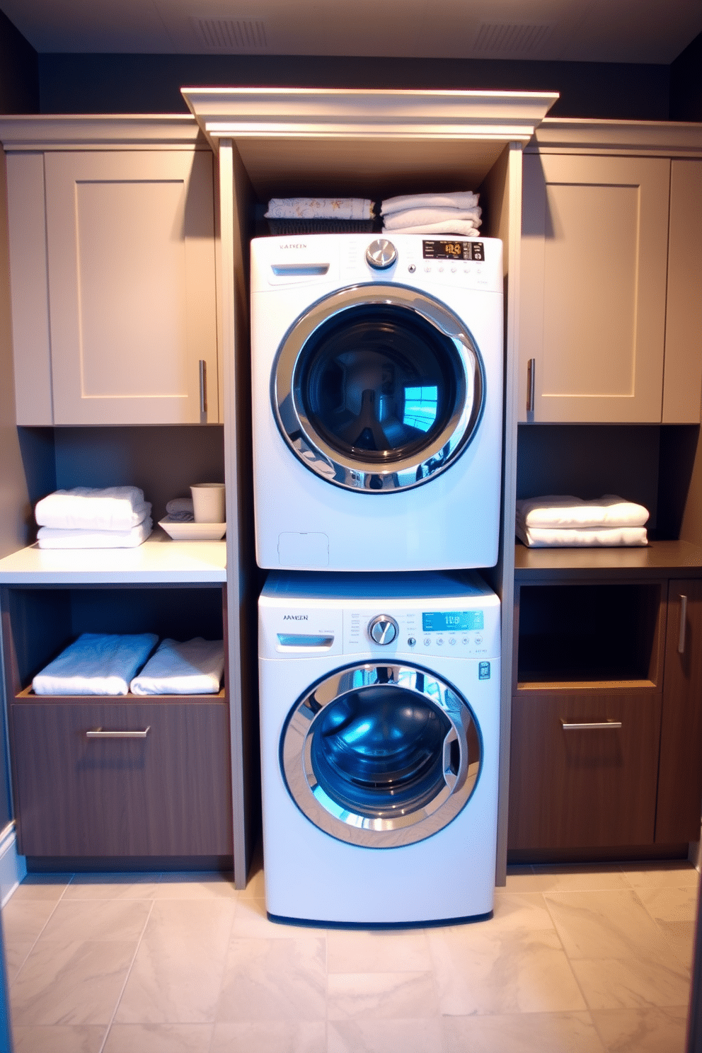 A modern laundry room features a stacked washer and dryer unit, seamlessly integrated into cabinetry that provides ample storage space. Beside the appliances, a practical folding station is designed with a sleek countertop, perfect for sorting and folding laundry efficiently.