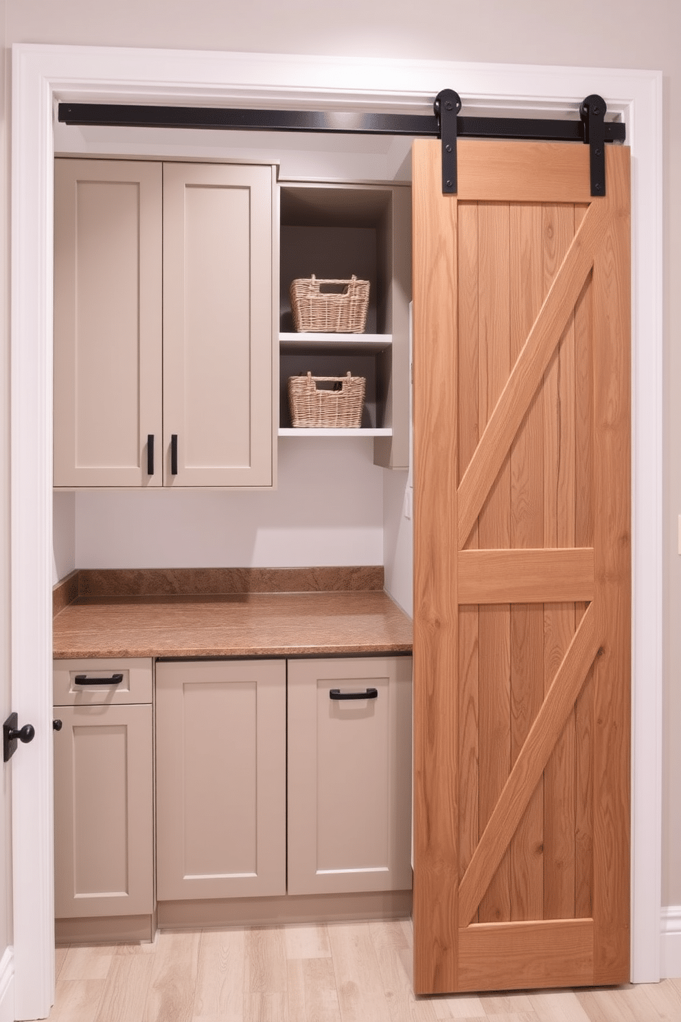 A stylish laundry room features a sliding barn door for entry, adding a rustic charm to the space. The room is designed with a stacked washer and dryer, maximizing efficiency while maintaining a clean aesthetic. The cabinetry is sleek and modern, with ample storage for laundry essentials. A countertop above the machines provides a convenient folding area, complemented by decorative baskets for organization.