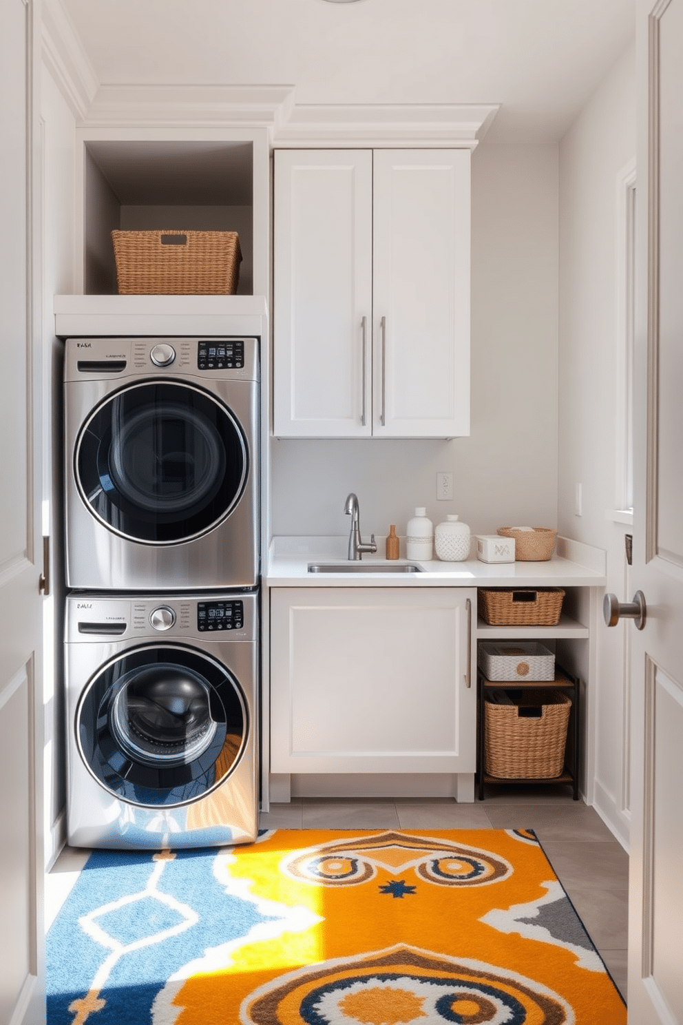 A modern laundry room featuring a stacked washer and dryer, elegantly integrated into a sleek cabinetry design. The space is brightened by a vibrant area rug that adds comfort and warmth, contrasting with the minimalist white cabinetry and stainless steel appliances. Natural light streams in through a window, illuminating the room and enhancing the cheerful atmosphere. The walls are painted in a soft pastel hue, while decorative storage baskets neatly organize laundry essentials, creating a functional yet stylish environment.