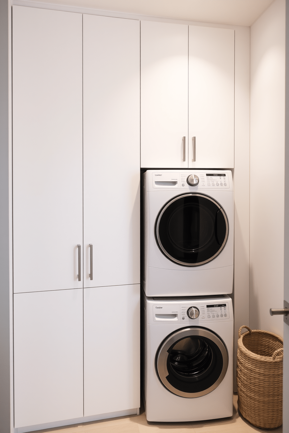 A minimalist laundry room features a sleek, white cabinetry that seamlessly integrates with the walls, creating a clean and uncluttered look. The stacked washer and dryer are positioned in the corner, maximizing floor space and allowing for easy access. A light gray countertop extends above the appliances, providing a functional workspace for folding clothes. Soft, ambient lighting illuminates the space, while a simple woven basket sits neatly on the floor, adding a touch of warmth to the modern design.