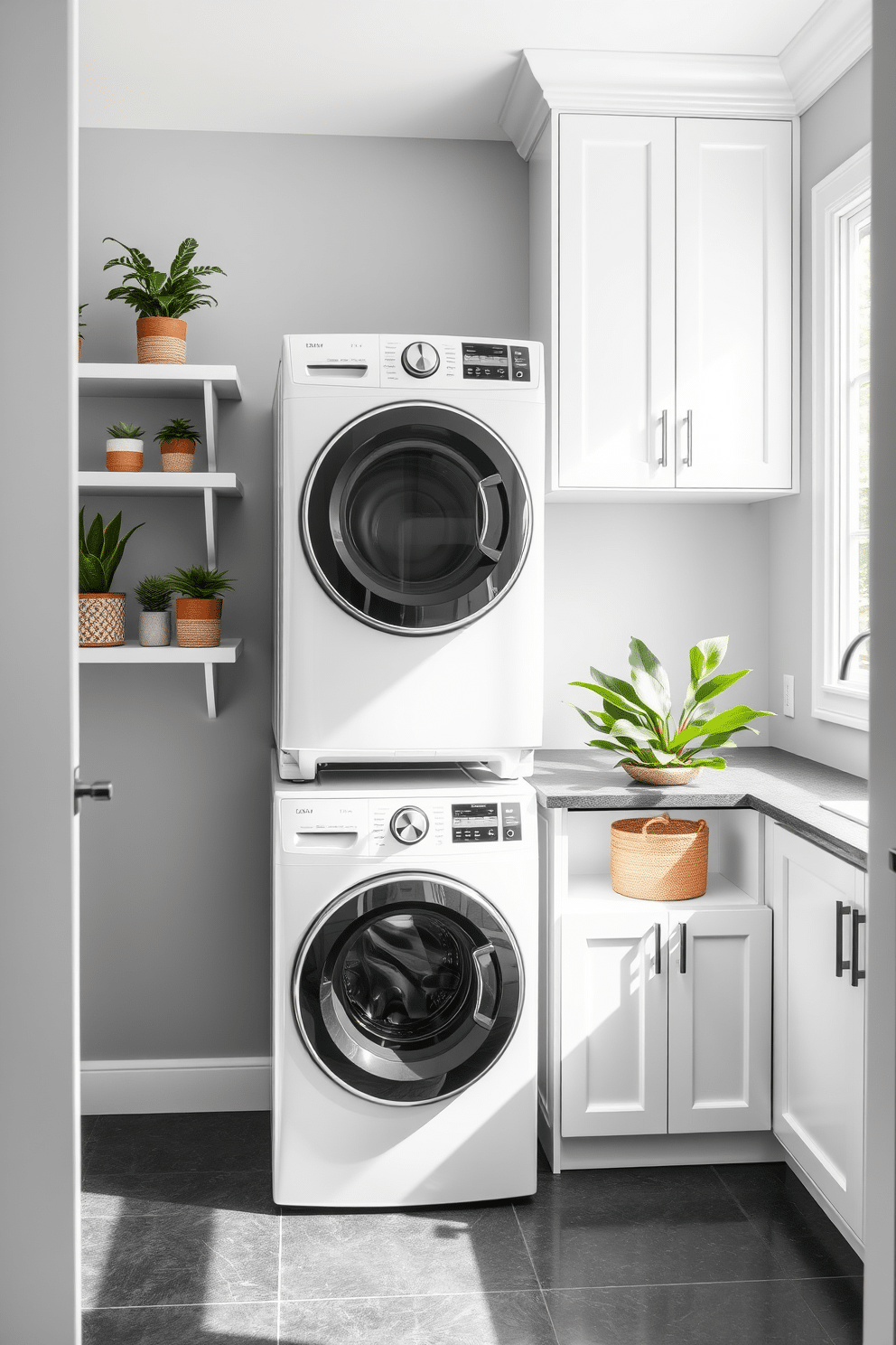 A modern laundry room featuring a stacked washer and dryer against a backdrop of soft gray walls. Potted plants in decorative containers are placed on shelves, adding a fresh and vibrant touch to the space. The floor is adorned with sleek, dark tiles that contrast beautifully with the white cabinetry. A large window allows natural light to flood in, illuminating the room and enhancing the greenery of the plants.