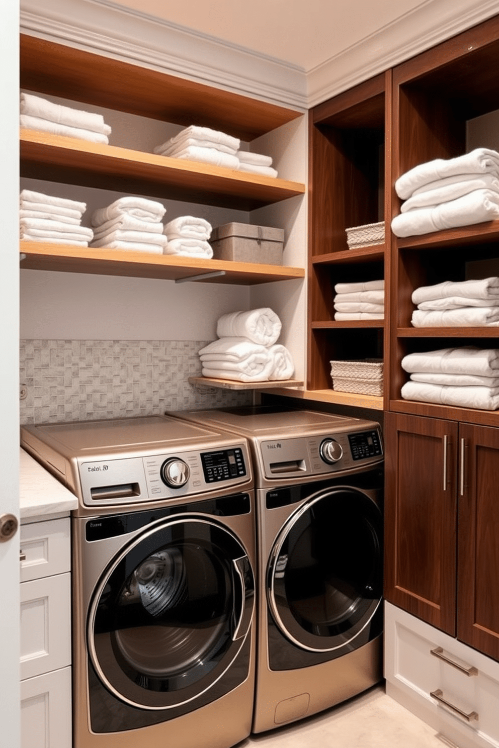 A modern laundry room features open shelving for easy access storage, allowing for organized display of neatly folded towels and laundry essentials. The stacked washer and dryer are seamlessly integrated into the design, surrounded by a chic backsplash and stylish cabinetry that adds both functionality and aesthetic appeal.