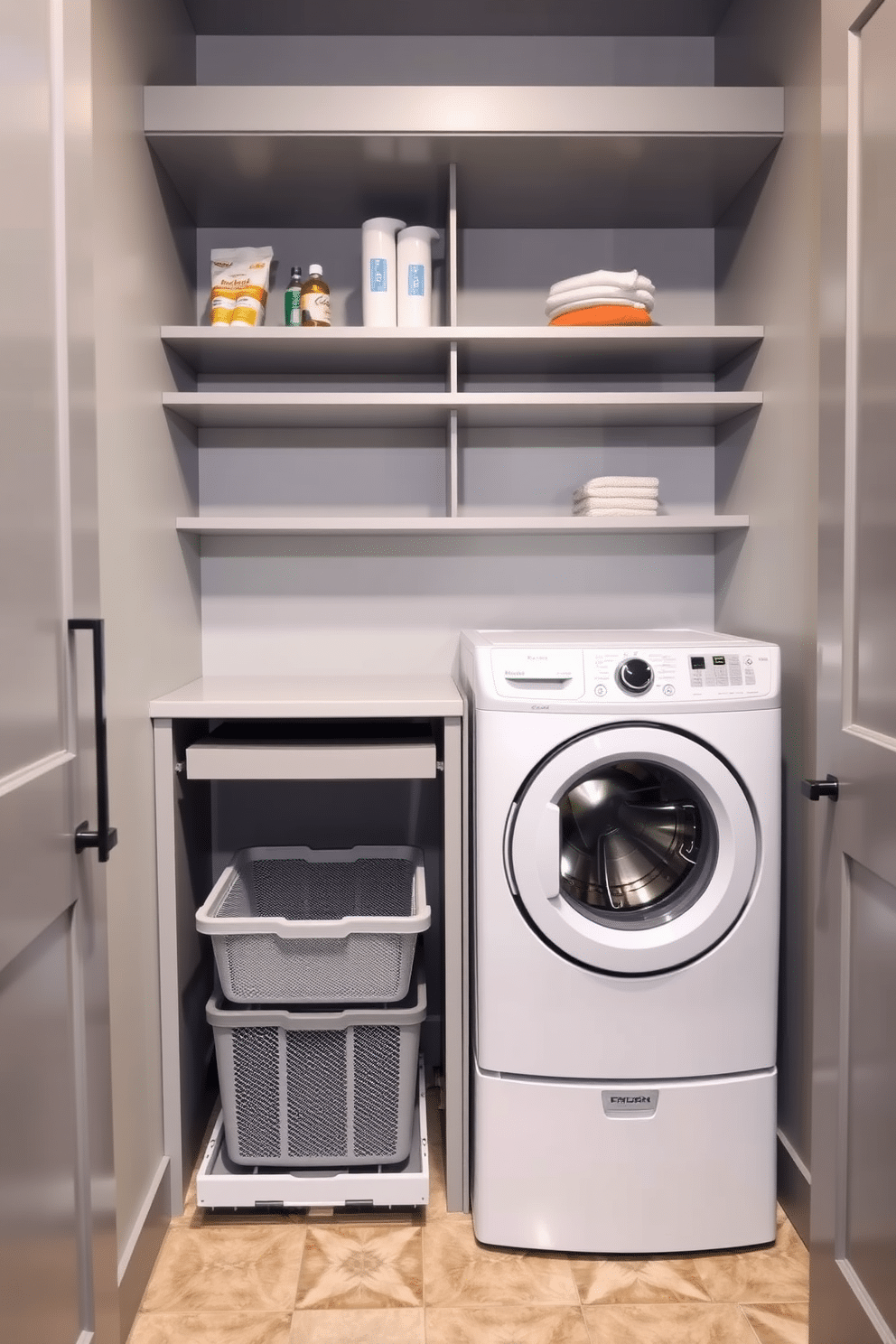 A modern laundry room featuring a stacked washer and dryer setup, designed for efficiency and style. The space includes a pull-out hamper system integrated into the cabinetry, allowing for easy sorting and storage of laundry. The walls are painted in a soft, light gray, creating a serene atmosphere, while the floor is adorned with durable, water-resistant tiles in a subtle pattern. Above the washer and dryer, sleek shelves provide ample storage for detergents and other laundry essentials, enhancing both functionality and aesthetics.