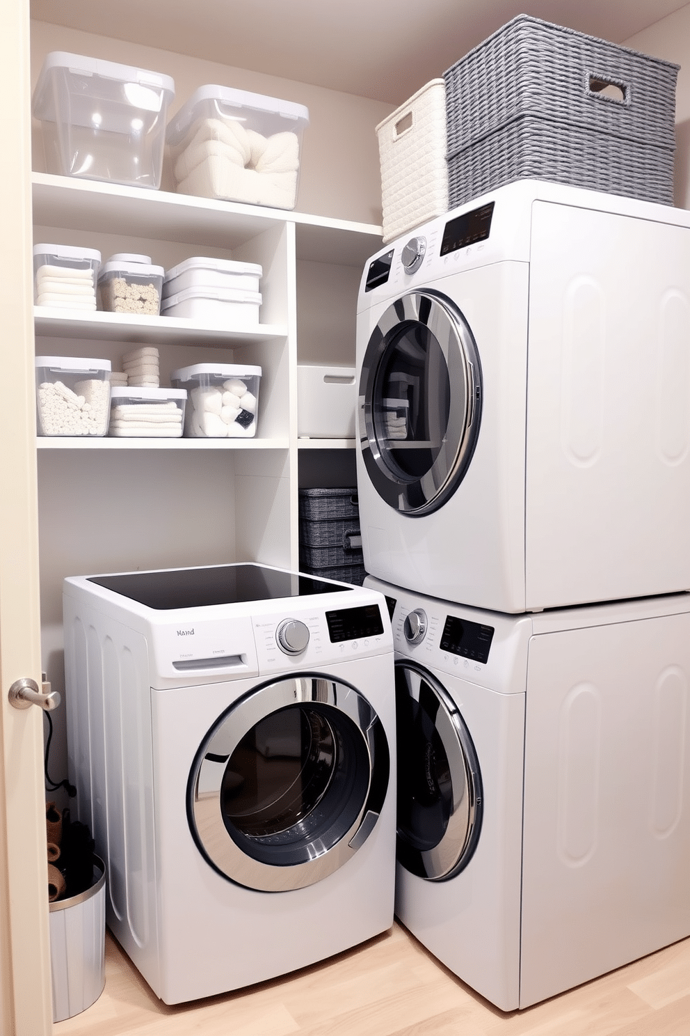 A modern laundry room featuring clear containers for laundry supplies, organized neatly on open shelving. The stacked washer and dryer are positioned against a wall, surrounded by a fresh, light color palette that enhances the space's functionality and aesthetic appeal.