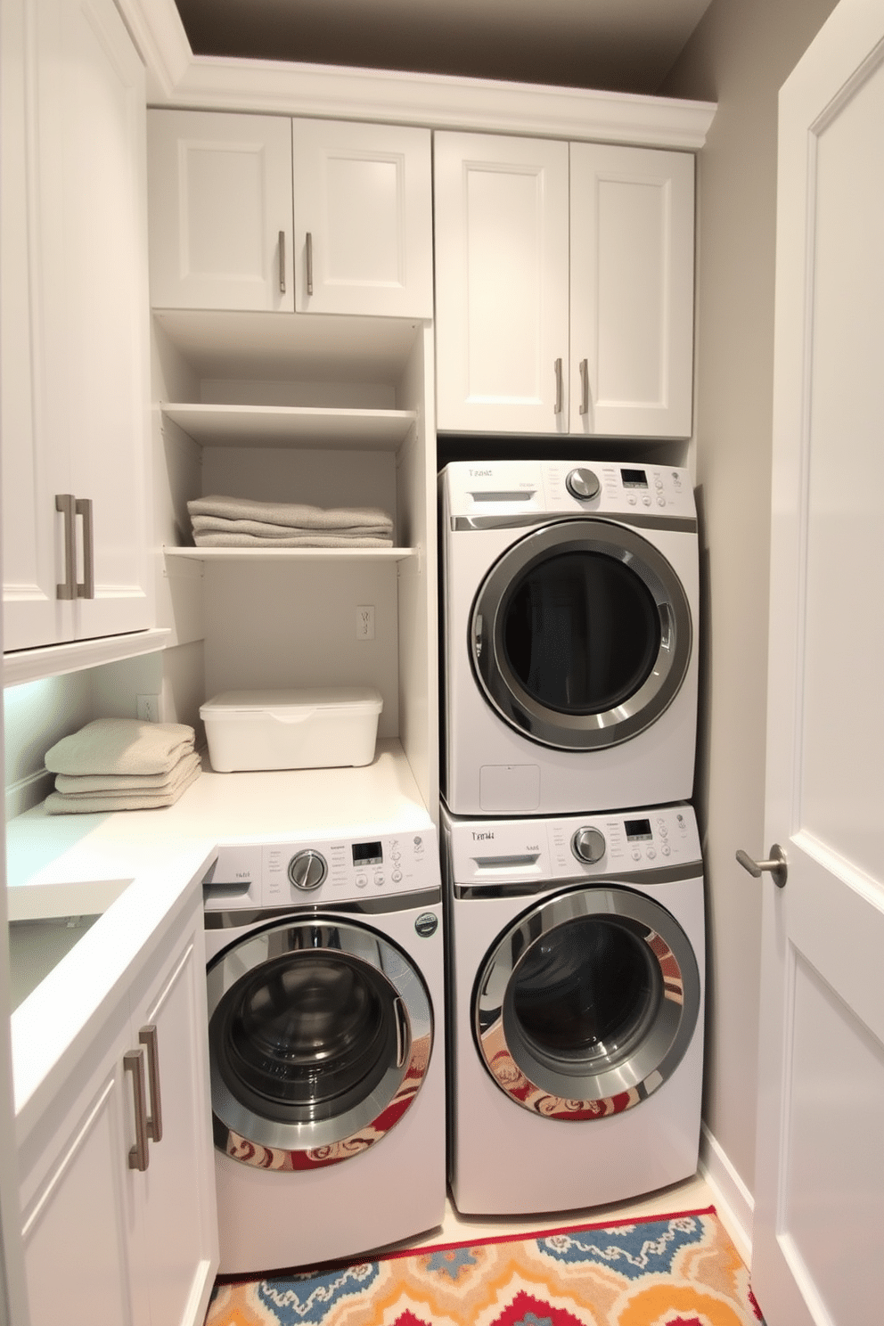 A modern laundry room featuring a stacked washer and dryer, elegantly integrated into a sleek cabinetry setup. The cabinetry is painted in a crisp white, and under-cabinet lighting illuminates the countertop, enhancing the space's functionality and brightness. To the left, a folding station is created with a smooth, durable surface, complemented by organized storage for laundry essentials. A pop of color is added with a vibrant rug that contrasts with the neutral tones, bringing warmth and style to the room.