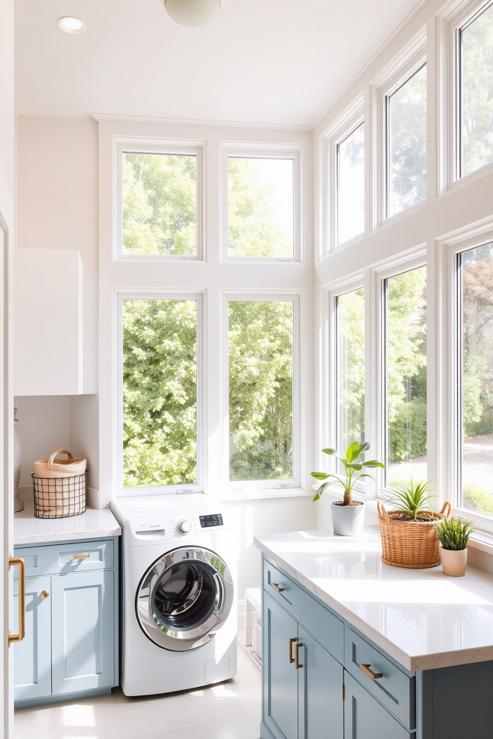 A bright and airy laundry room features large windows that overlook a lush garden, allowing natural light to flood the space. The room includes a sleek, white stacked washer and dryer, neatly tucked into a built-in cabinetry with ample storage for laundry essentials. The countertops are made of durable quartz, providing a practical workspace for folding clothes. Soft blue cabinetry complements the neutral walls, while a stylish laundry basket and potted plants add a touch of warmth and personality to the room.