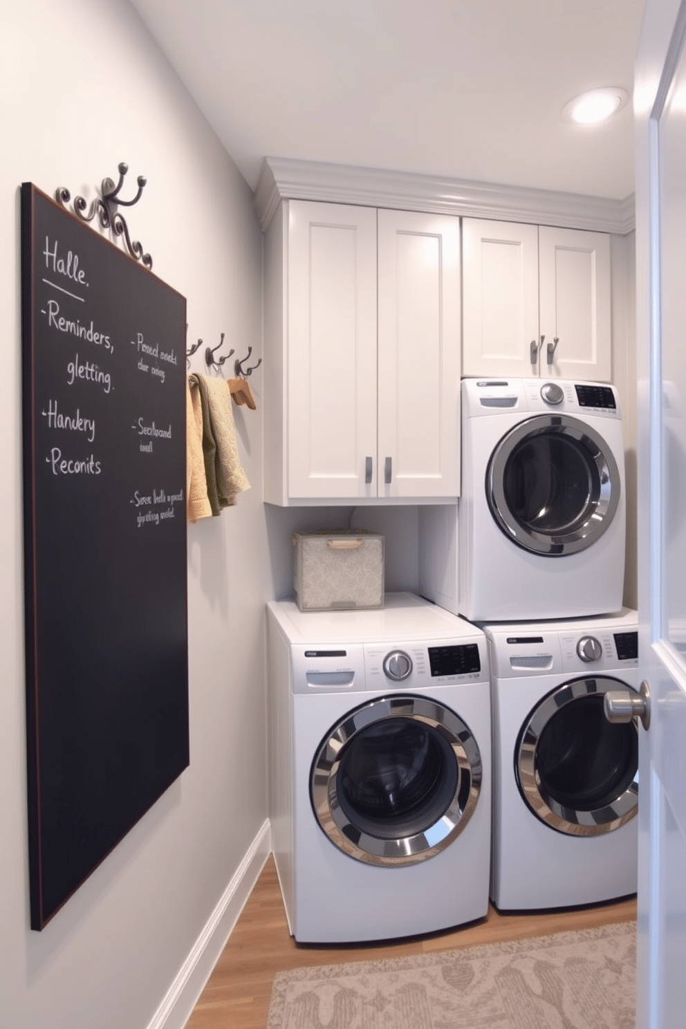 A modern laundry room featuring a stacked washer and dryer unit, seamlessly integrated into custom cabinetry. On one wall, a large chalkboard is mounted for reminders and notes, surrounded by stylish hooks for hanging laundry essentials. The room is painted in a soft, light gray, creating a calming atmosphere. Bright, functional lighting illuminates the space, while a patterned rug adds a touch of warmth underfoot.