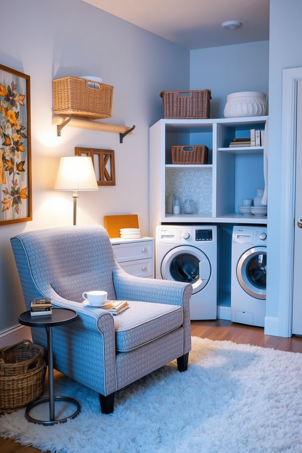 Create a cozy reading nook in a laundry room, featuring a comfortable armchair upholstered in soft, textured fabric. A small side table holds a steaming cup of tea and a stack of books, while a floor lamp with a warm glow illuminates the space. Incorporate a stacked washer and dryer against one wall, surrounded by open shelving for laundry essentials and decorative baskets. The walls are painted a calming light blue, and a plush area rug adds warmth underfoot, creating an inviting atmosphere for relaxation.