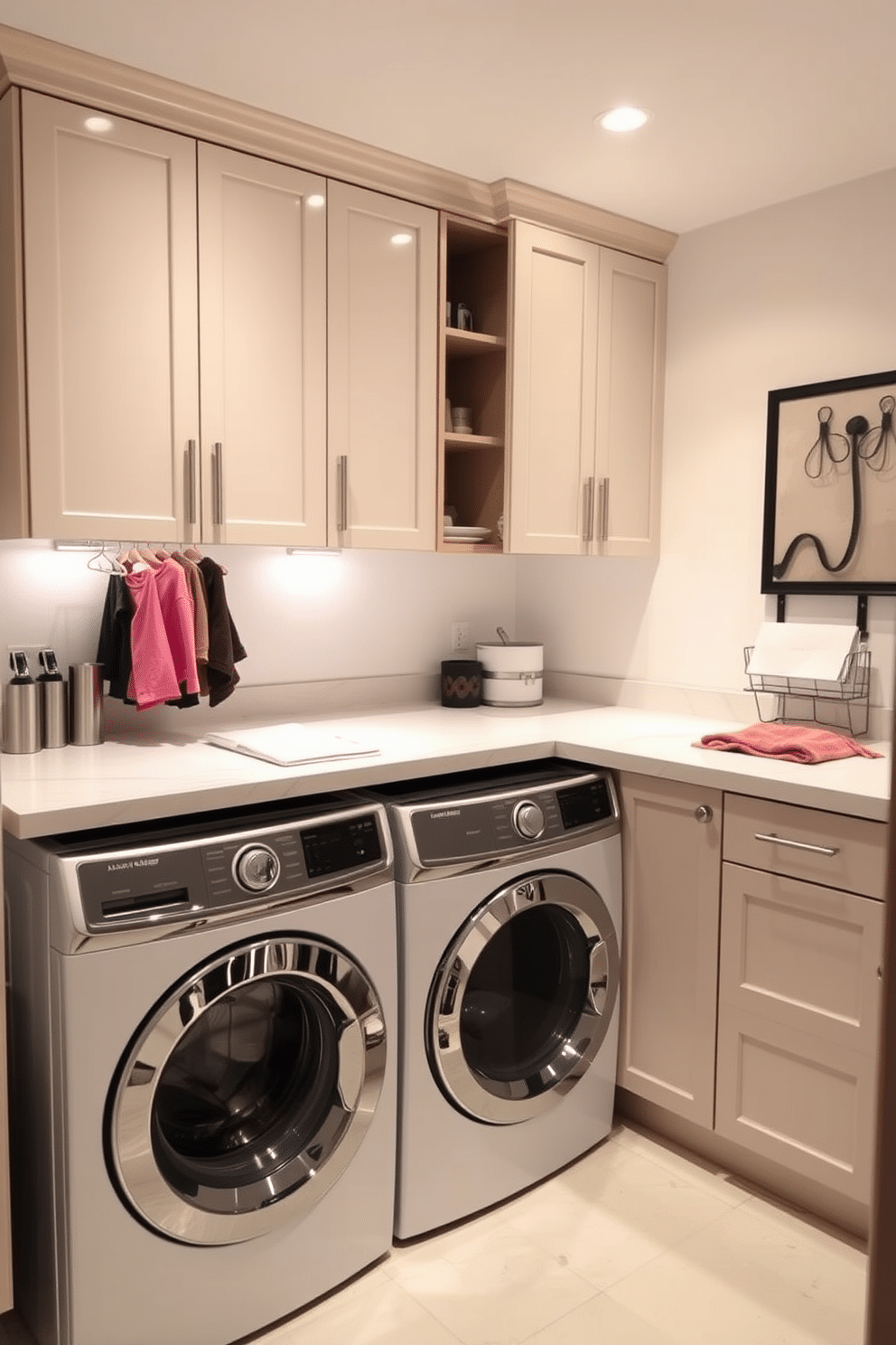 A stylish laundry room features a spacious countertop designed for crafts and laundry tasks, providing ample workspace for folding clothes and crafting projects. The room is equipped with a stacked washer and dryer, maximizing floor space while offering convenience and efficiency. The cabinetry above the countertop is sleek and modern, with a glossy finish that complements the overall aesthetic. Soft, ambient lighting illuminates the space, creating a warm and inviting atmosphere perfect for multitasking.