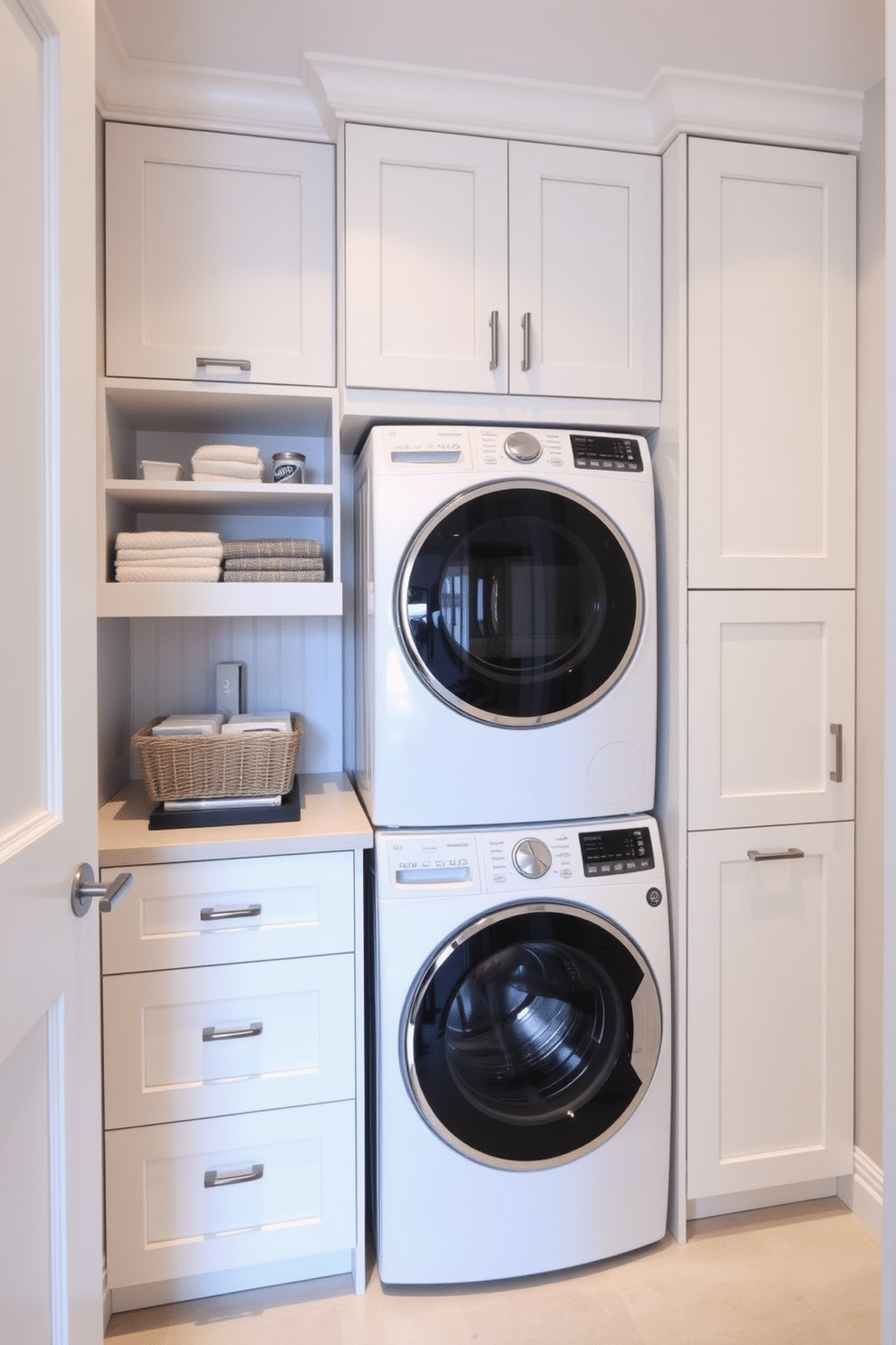 A modern laundry room featuring built-in cabinets that provide ample storage for laundry essentials, creating a tidy and organized space. The design includes a sleek stacked washer and dryer, seamlessly integrated into the cabinetry, with a countertop above for folding clothes.