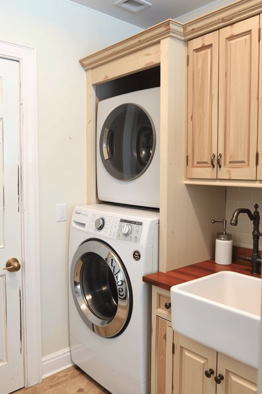 A charming vintage laundry room features a stacked washer and dryer nestled between distressed wooden cabinets, adorned with antique brass handles. The walls are painted in a soft pastel hue, and a farmhouse sink with a vintage faucet sits beside a rustic wooden countertop, creating a warm and inviting atmosphere.