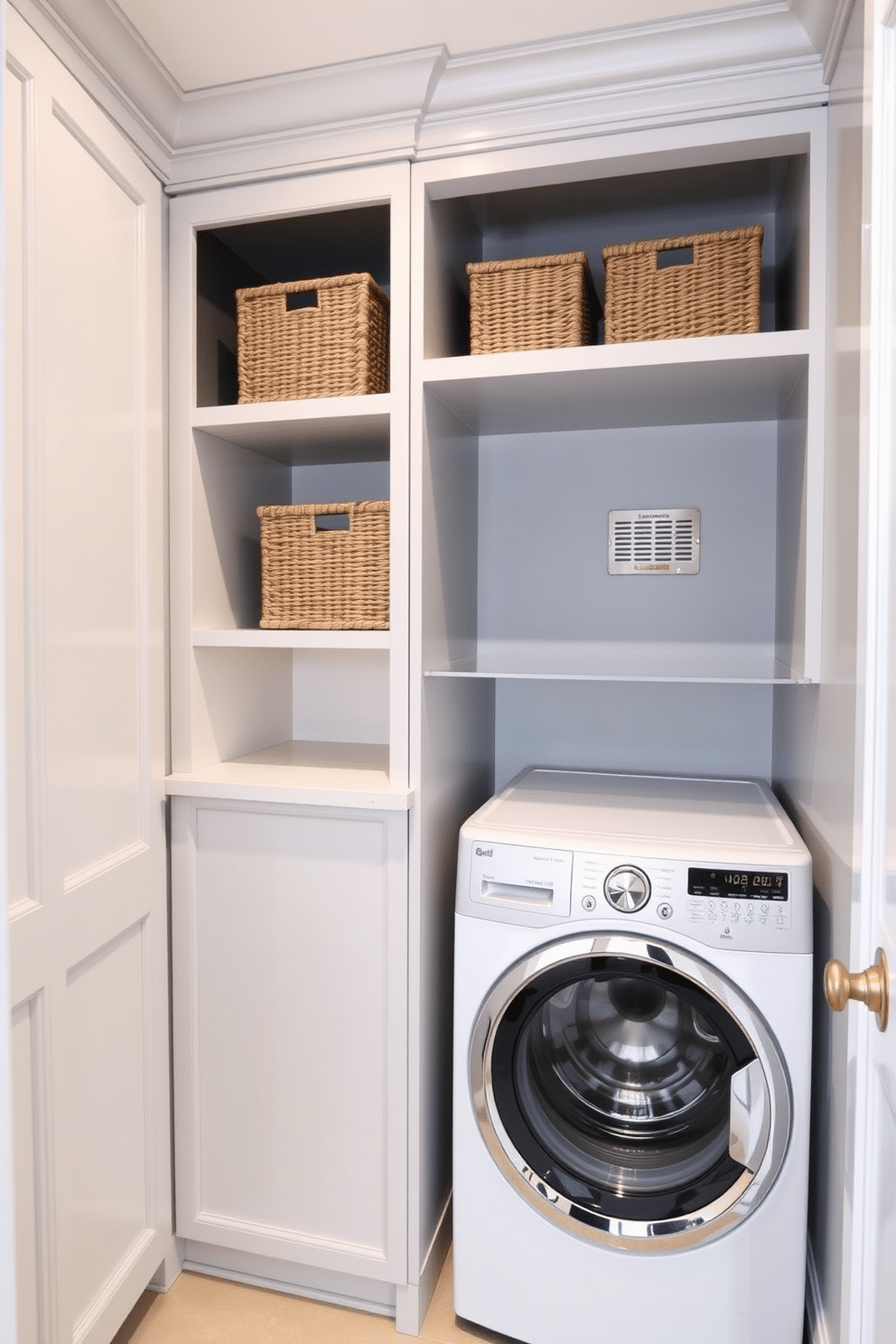 A modern laundry room featuring a stacked washer and dryer, seamlessly integrated into cabinetry for a sleek look. Stylish woven baskets are placed on open shelves, providing both storage and an aesthetic touch, while a light gray color palette creates a fresh and airy atmosphere.