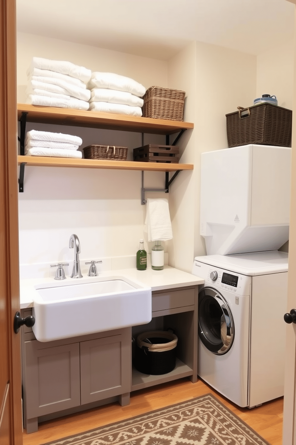 A charming laundry room features a spacious farmhouse sink, perfect for soaking and washing delicate items. Above the sink, open shelving displays neatly folded towels and decorative baskets, adding both functionality and style to the space. Adjacent to the farmhouse sink, a sleek stacked washer and dryer unit maximizes floor space while maintaining a modern aesthetic. The walls are painted in a soft, inviting color, and a patterned rug adds warmth beneath the feet, creating a cozy atmosphere for laundry tasks.